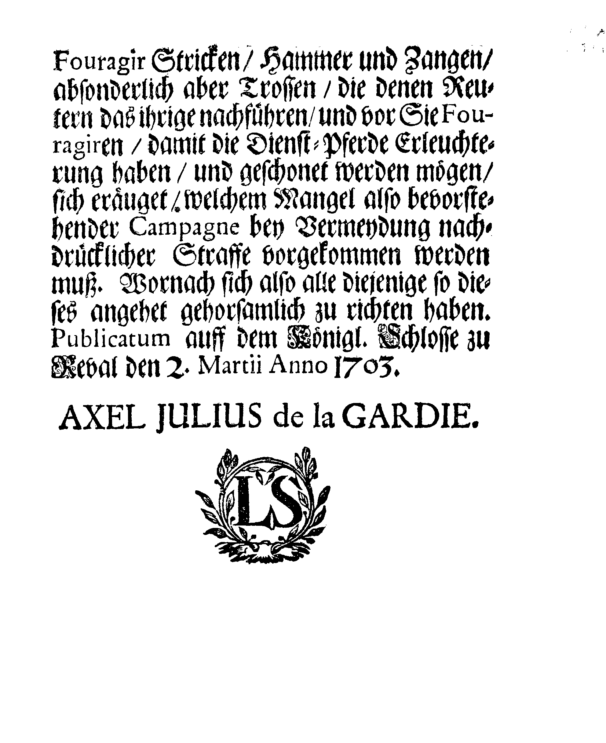 [Axel Julius De la Gardie korraldus]