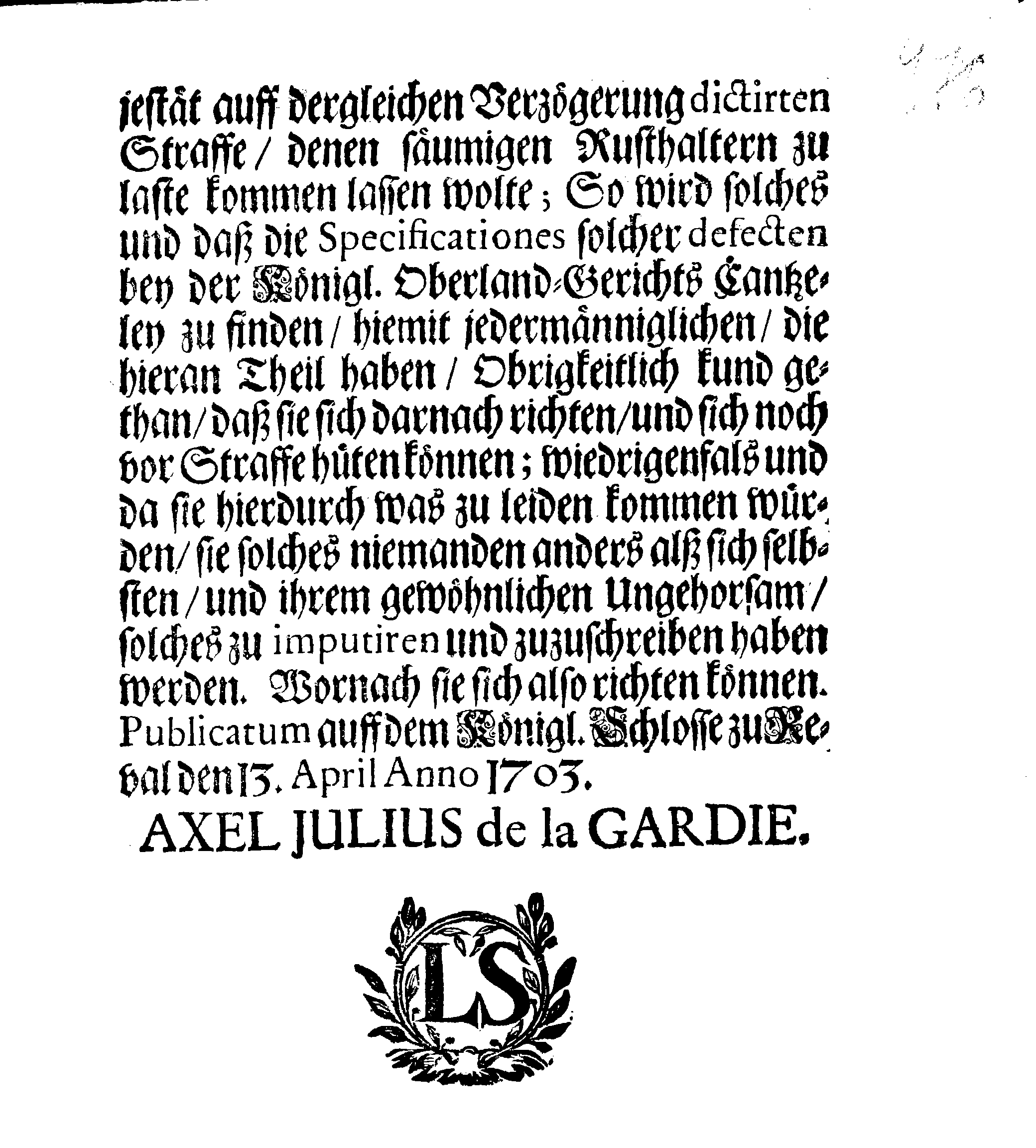 [Axel Julius De la Gardie korraldus]