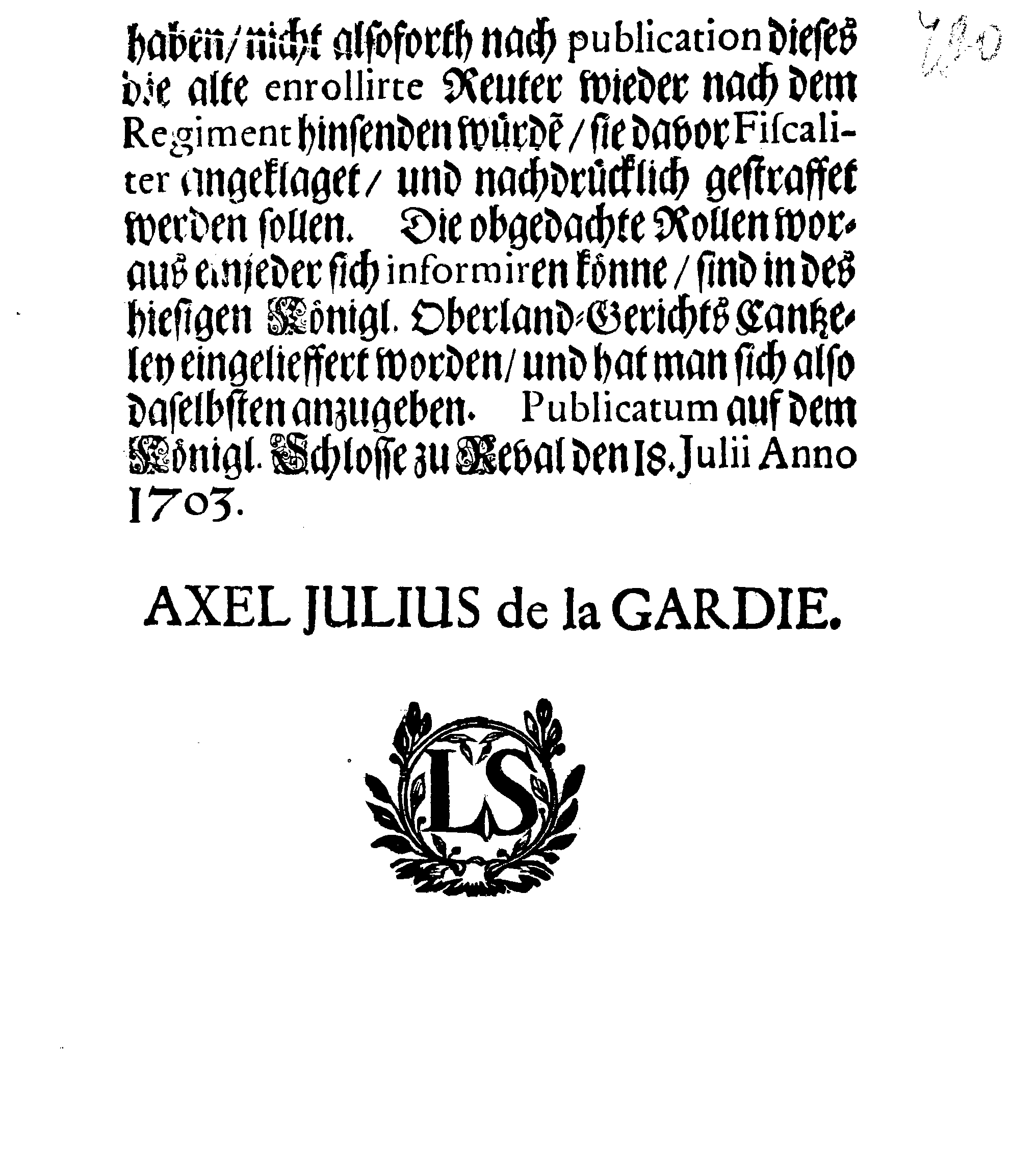 [Axel Julius De la Gardie korraldus]