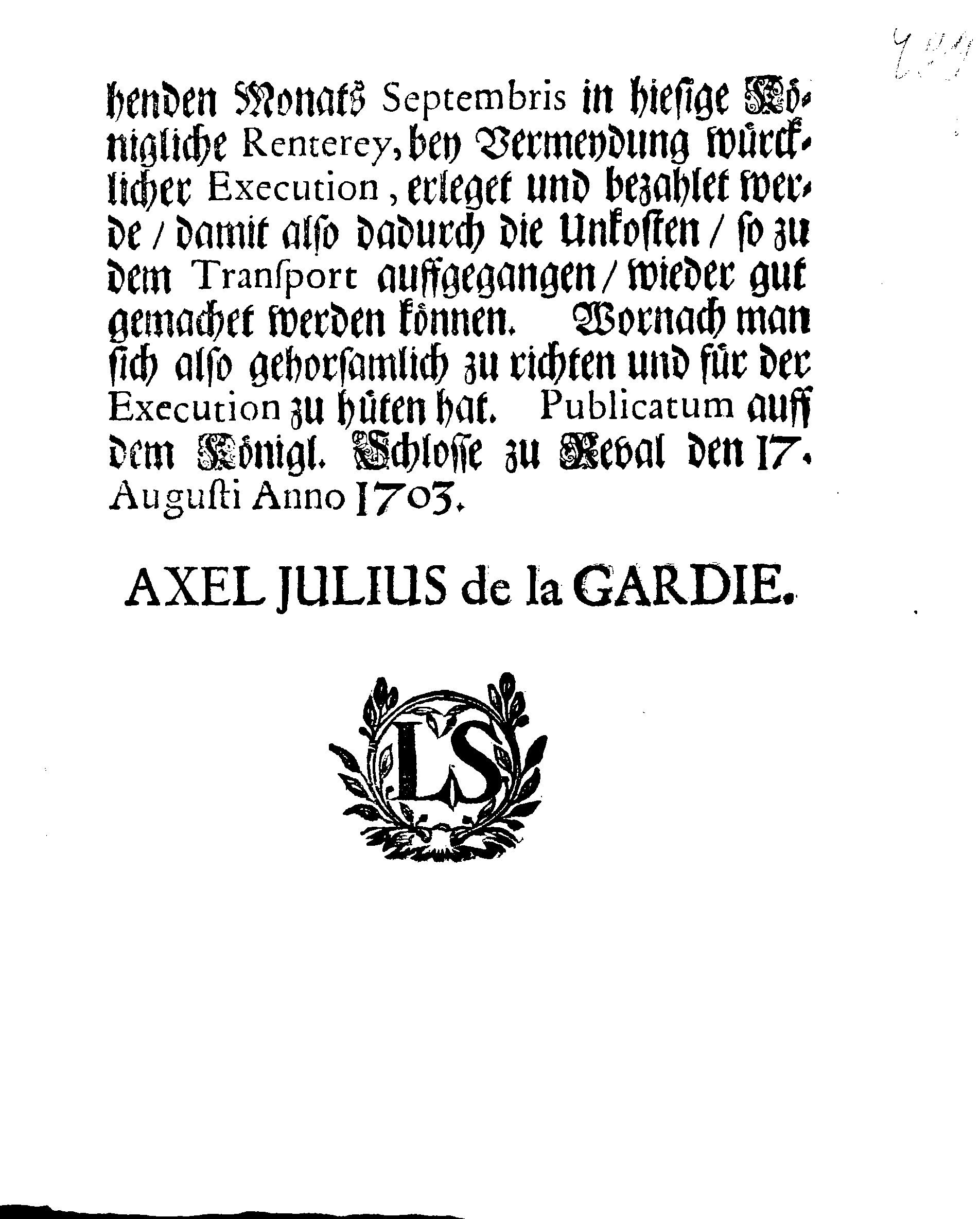 [Axel Julius De la Gardie korraldus]