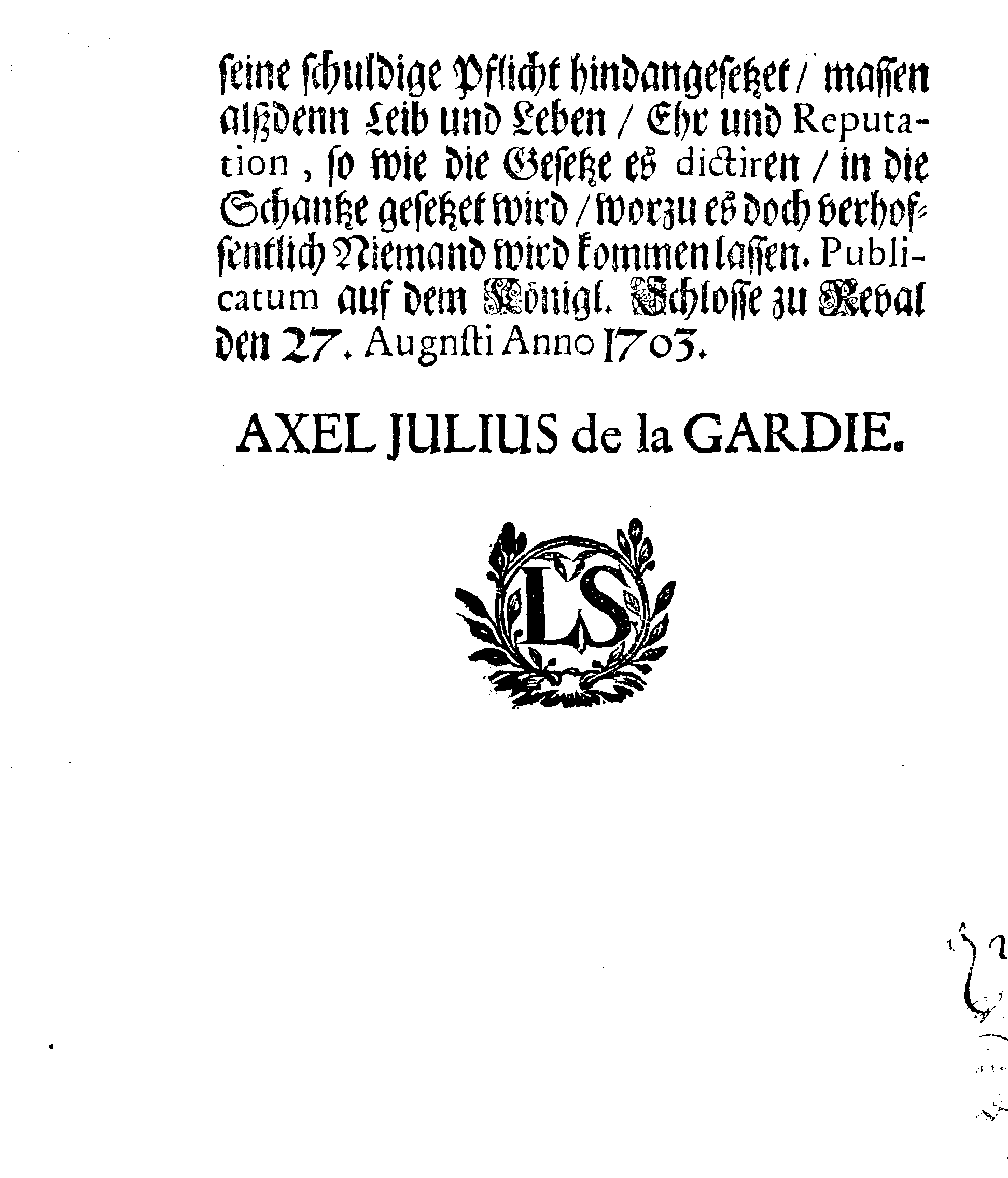 [Axel Julius De la Gardie korraldus]