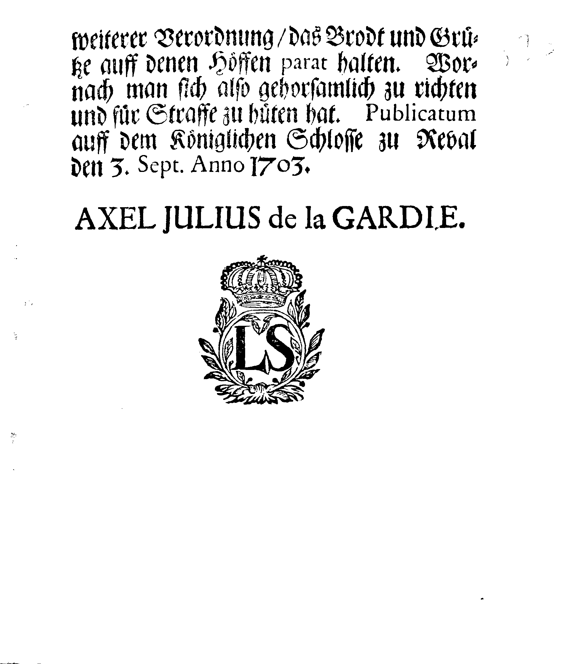 [Axel Julius De la Gardie korraldus]