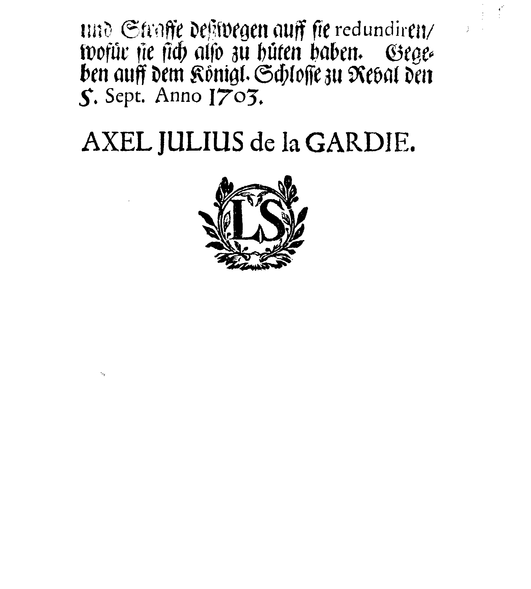 [Axel Julius De la Gardie korraldus]