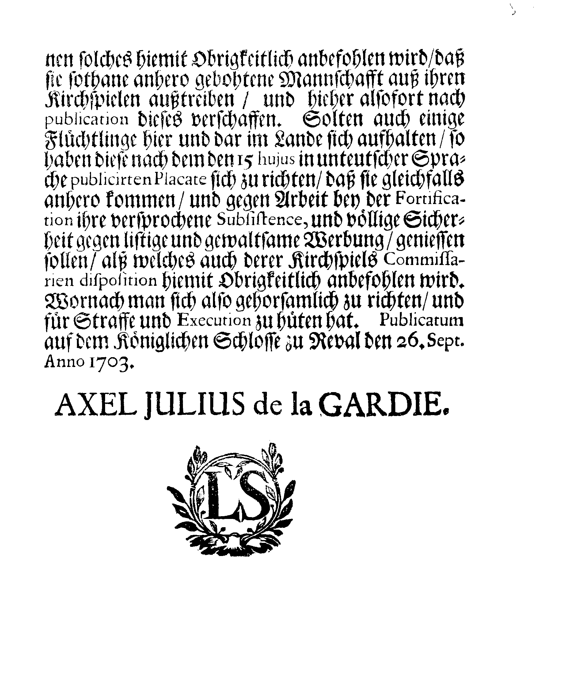 [Axel Julius De la Gardie korraldus]