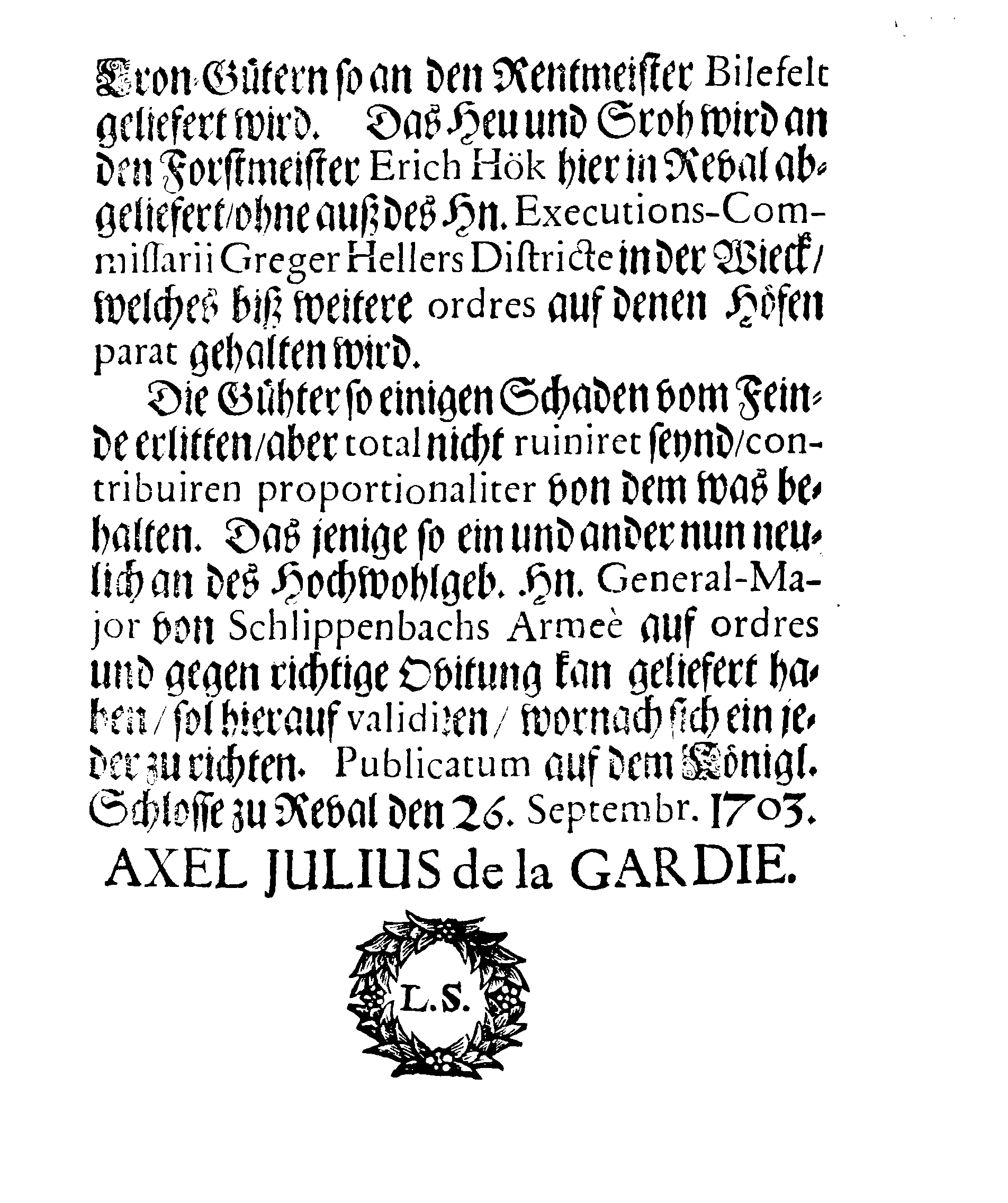 [Axel Julius De la Gardie korraldus]