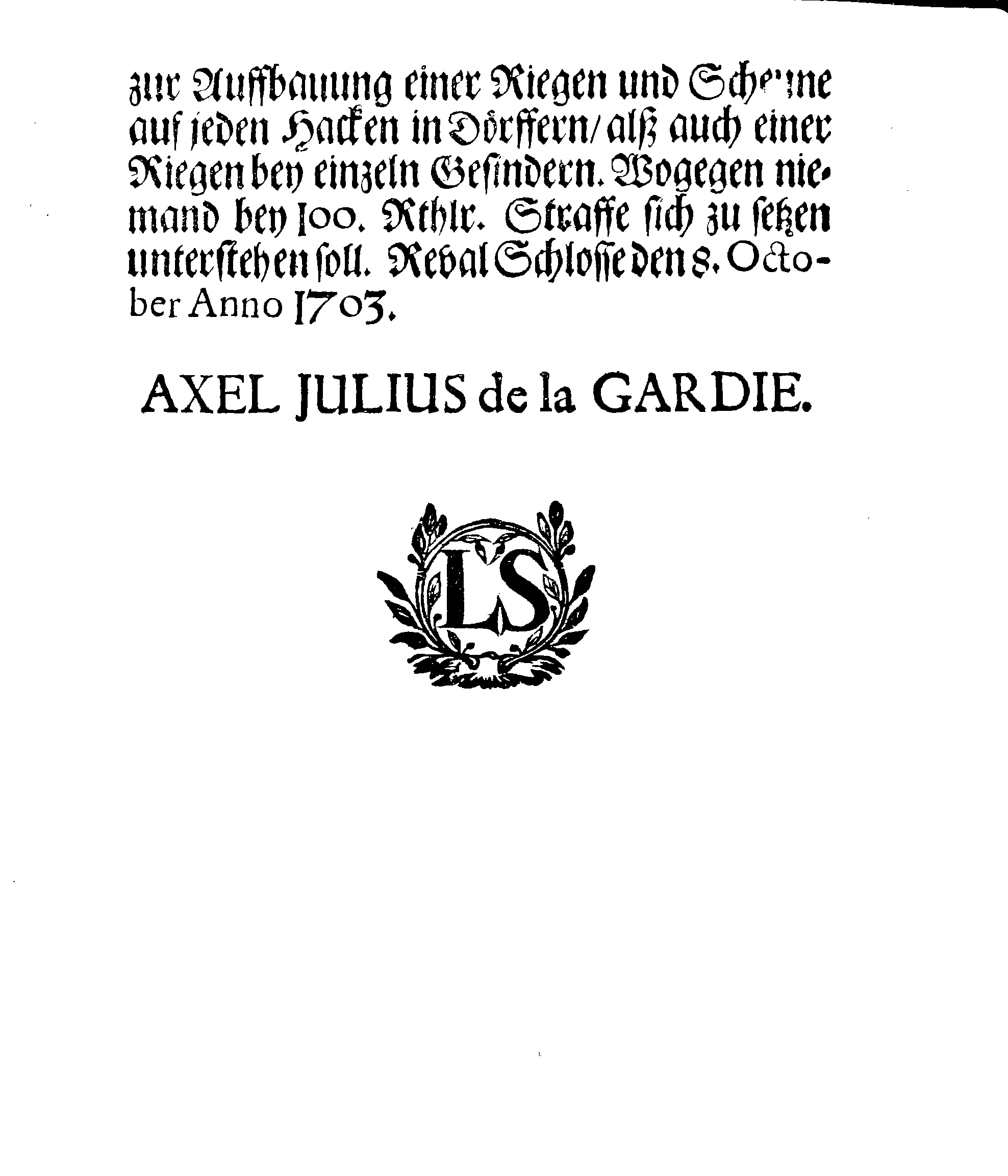 [Axel Julius De la Gardie korraldus]