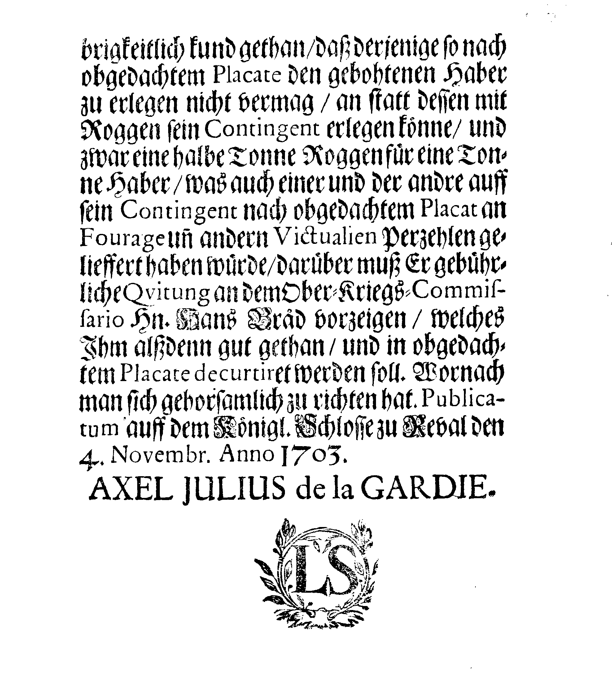 [Axel Julius De la Gardie korraldus]