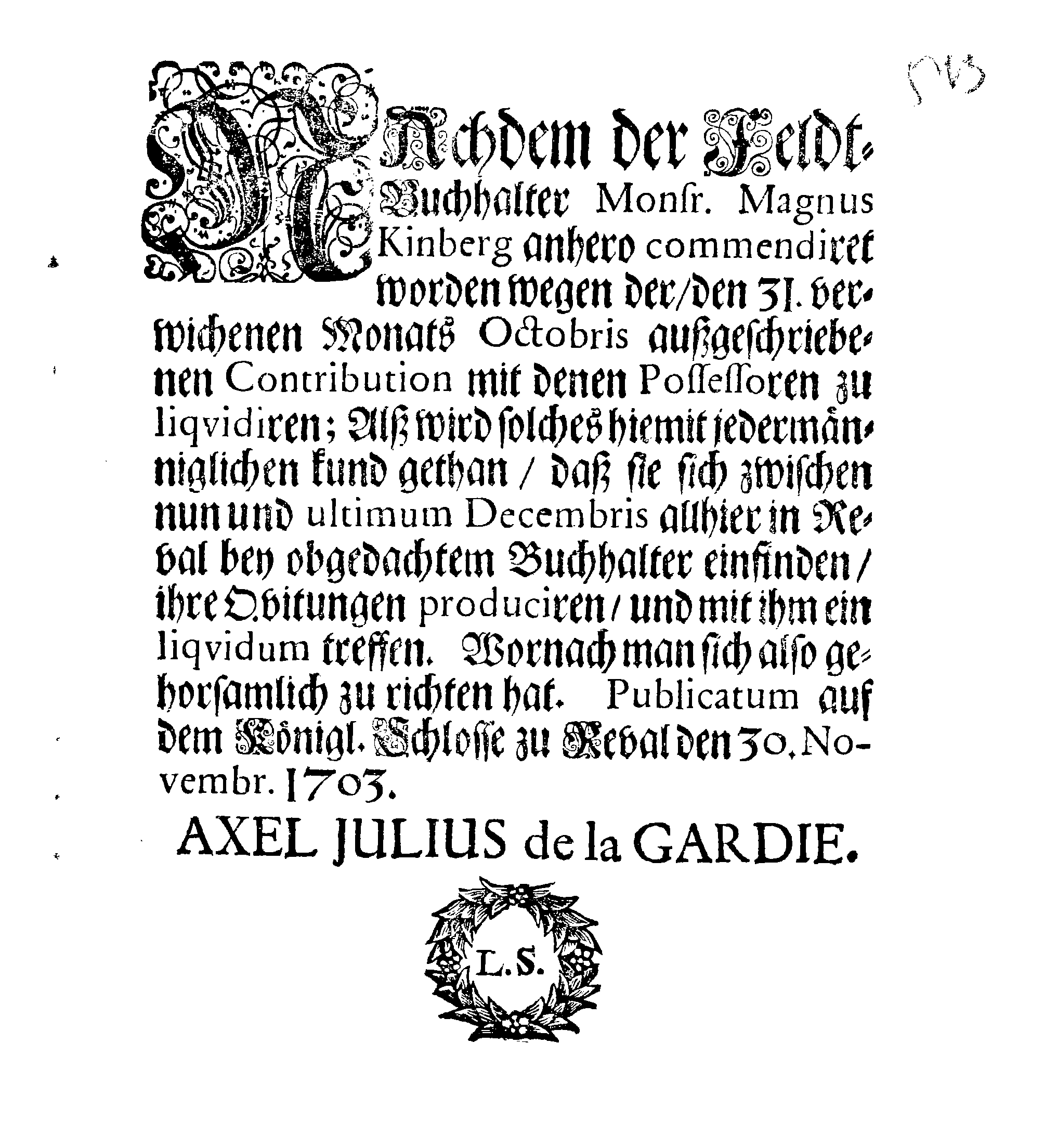 [Axel Julius De la Gardie korraldus]