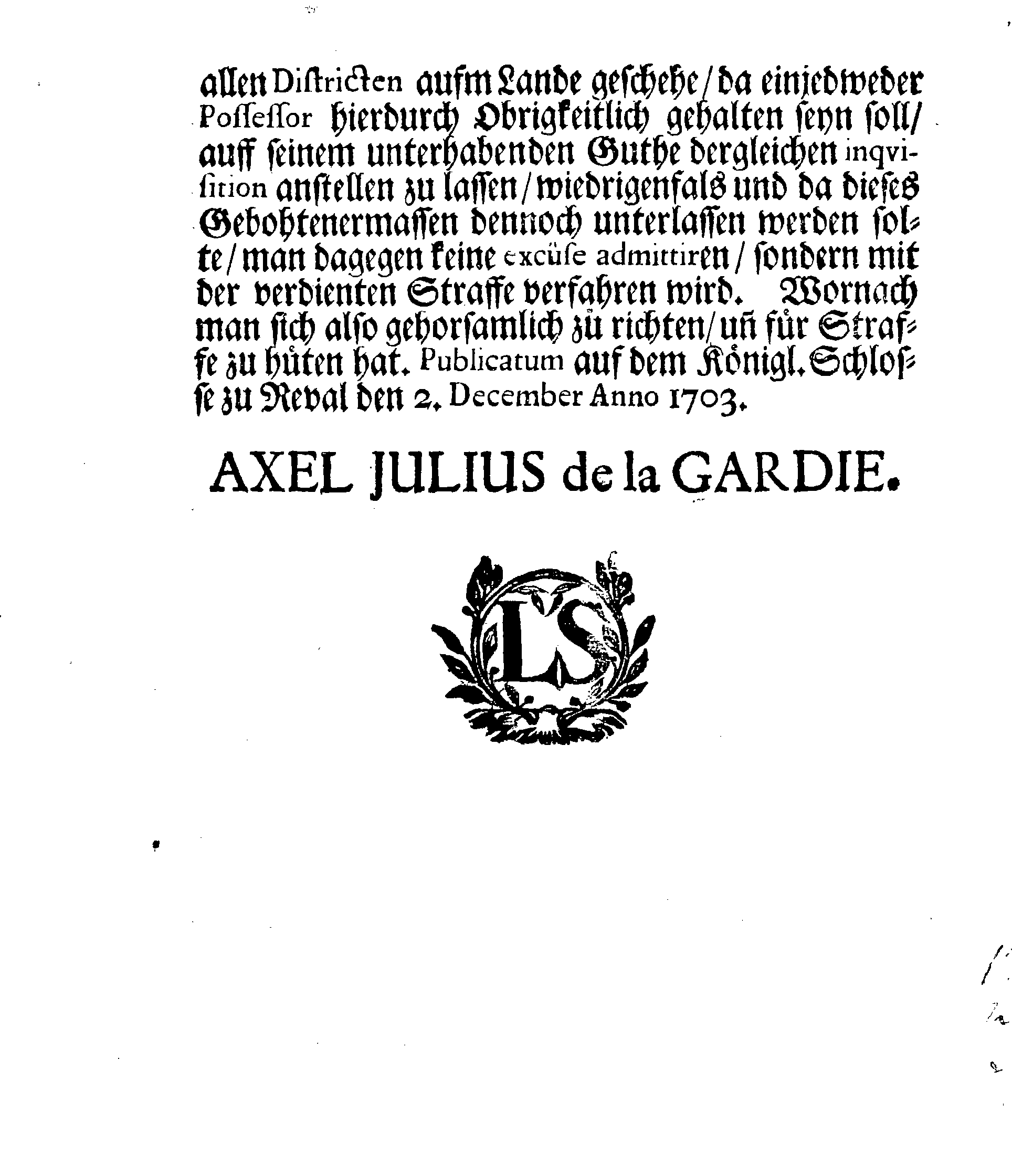 [Axel Julius De la Gardie korraldus]