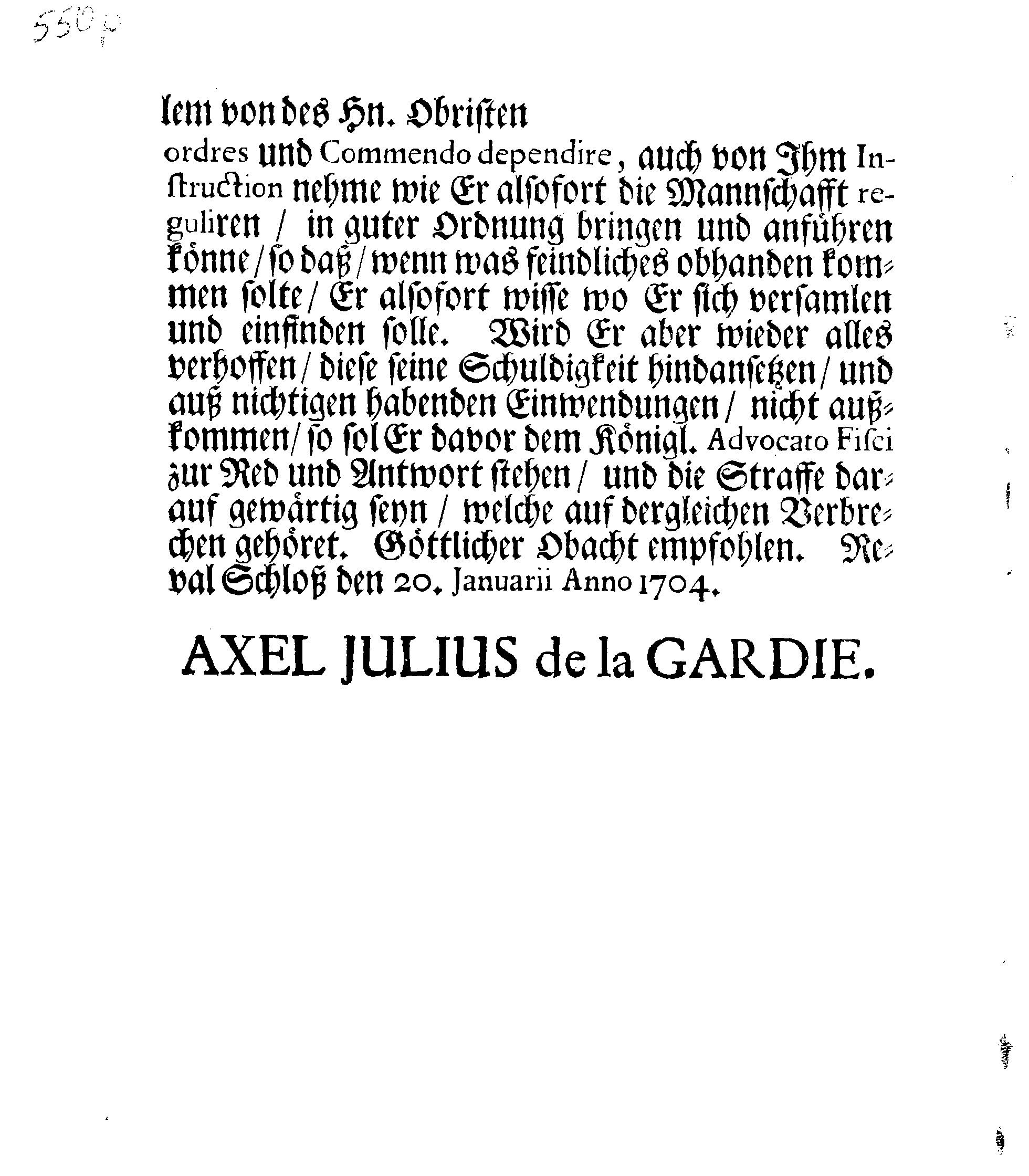 [Axel Julius De la Gardie korraldus]