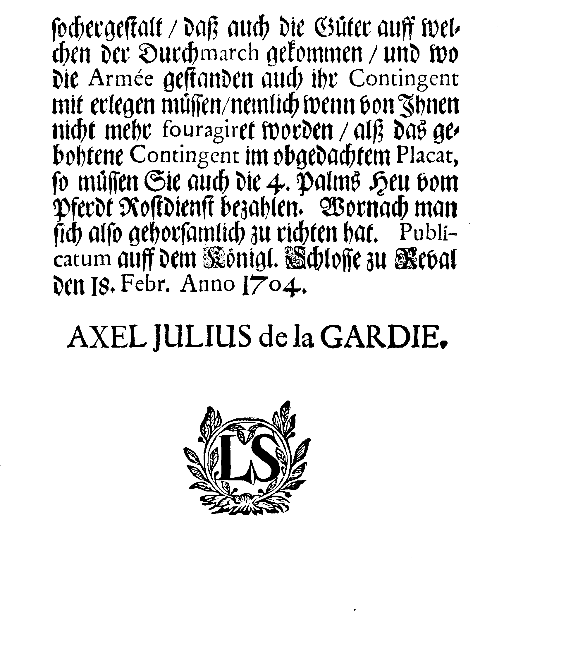 [Axel Julius De la Gardie korraldus]