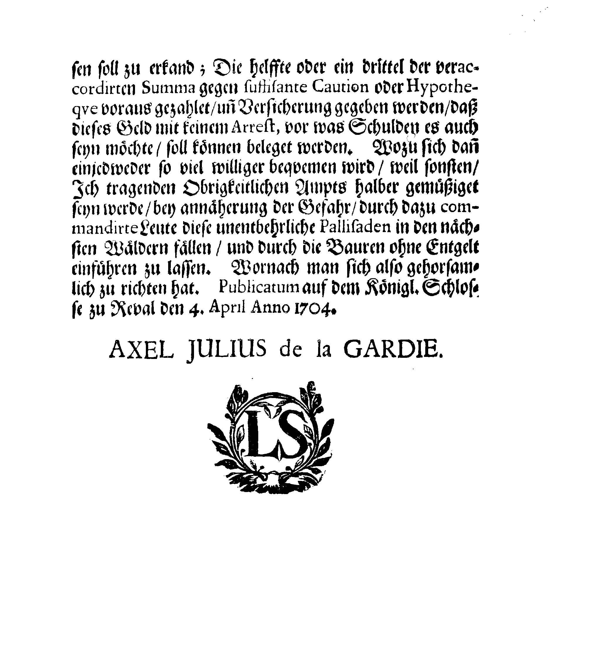 [Axel Julius De la Gardie korraldus]