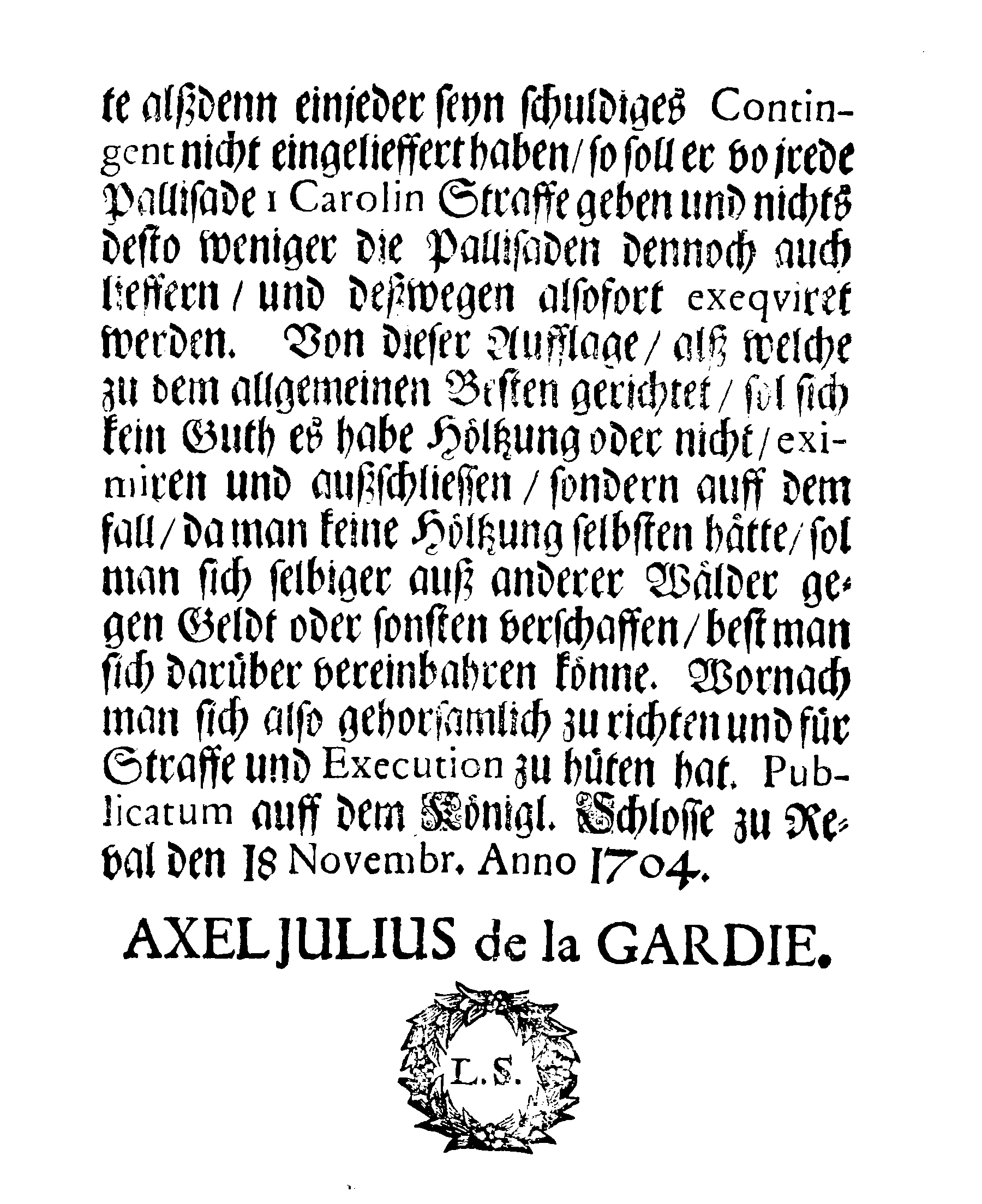 [Axel Julius De la Gardie korraldus]