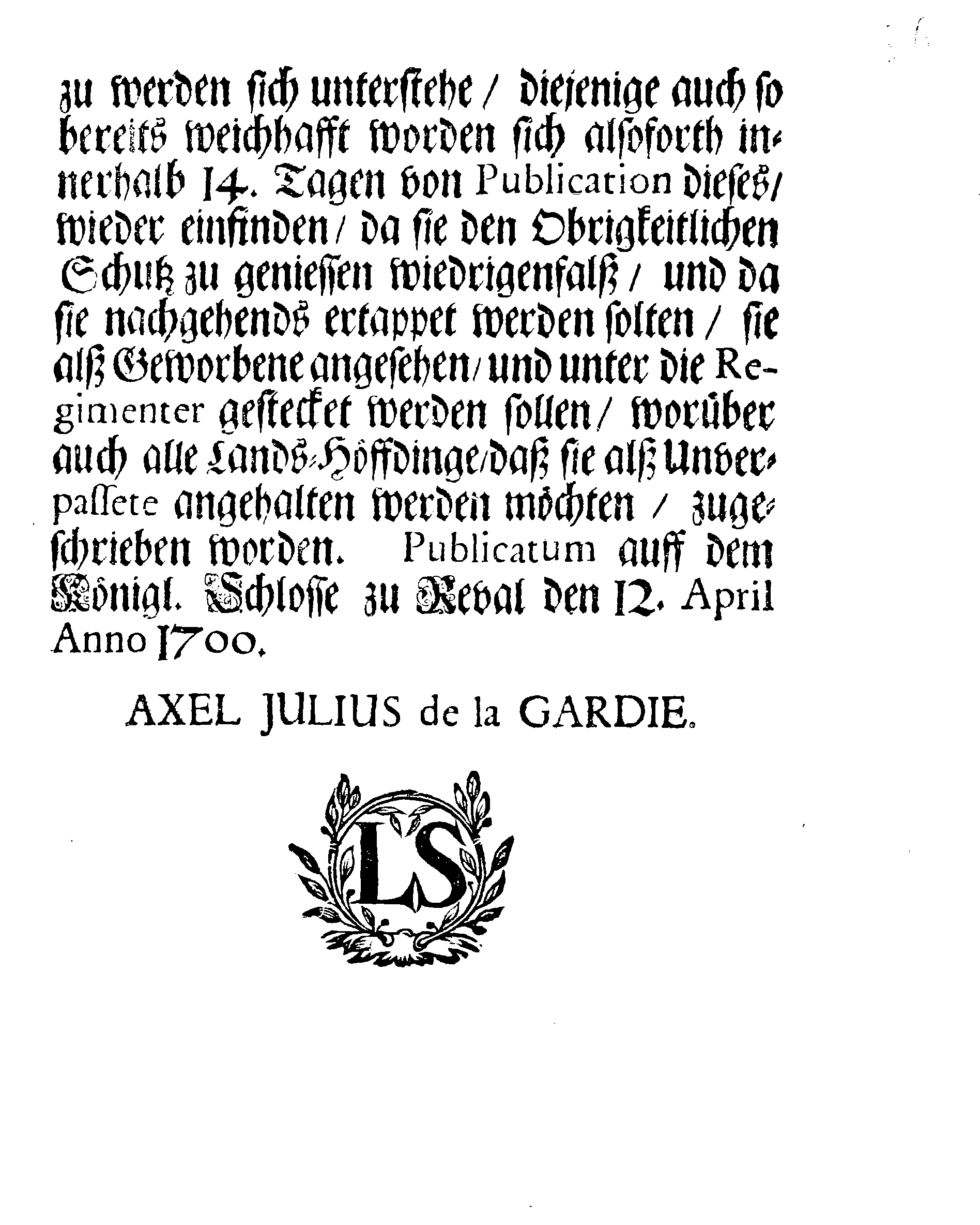 [Axel Julius De la Gardie korraldus]