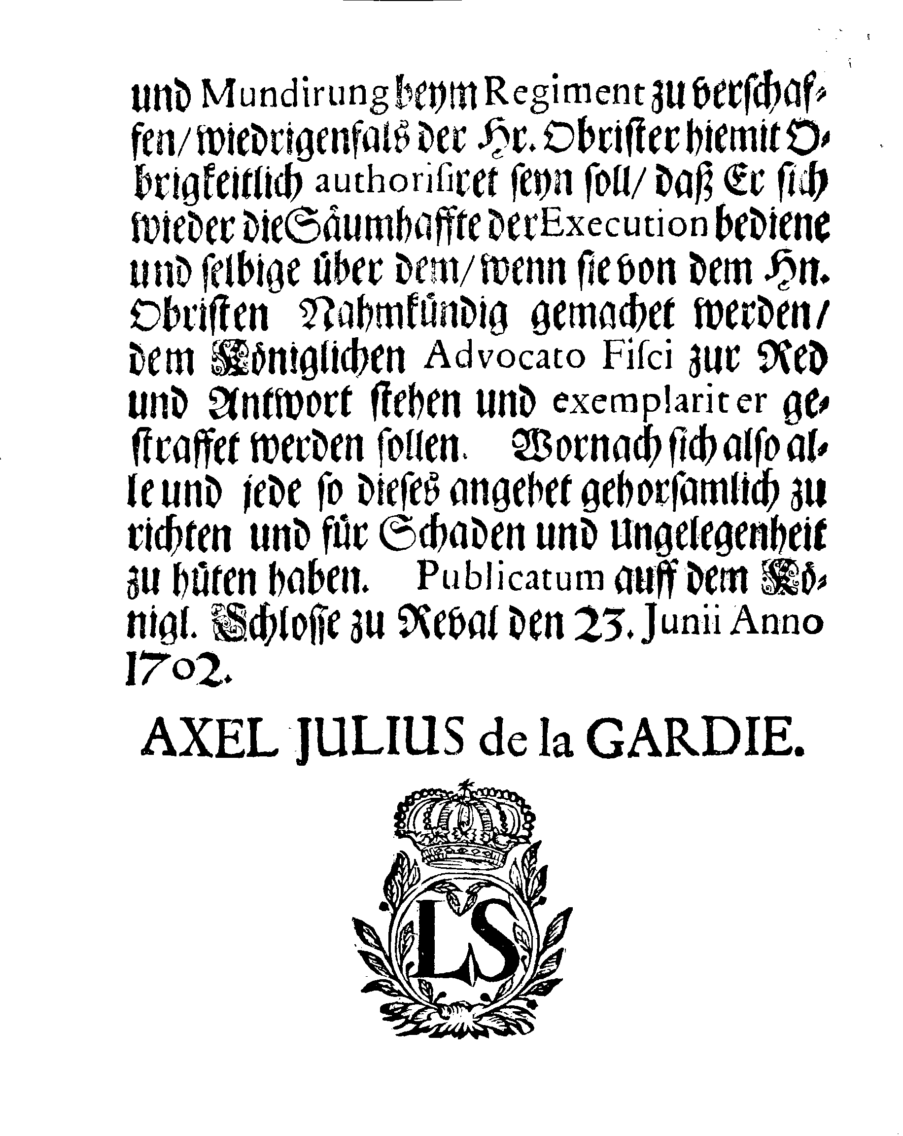 [Axel Julius De la Gardie korraldus]