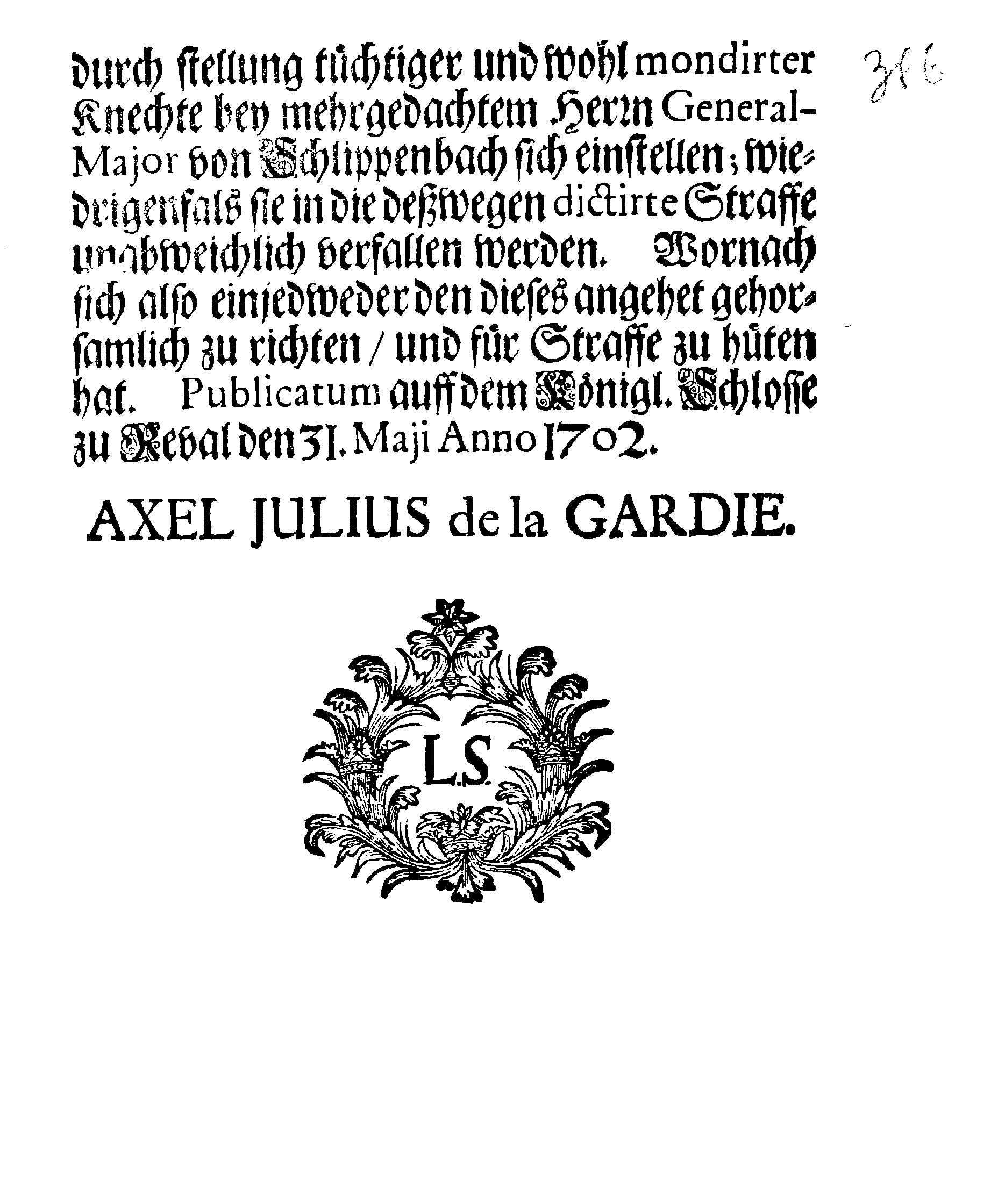 [Axel Julius De la Gardie korraldus]