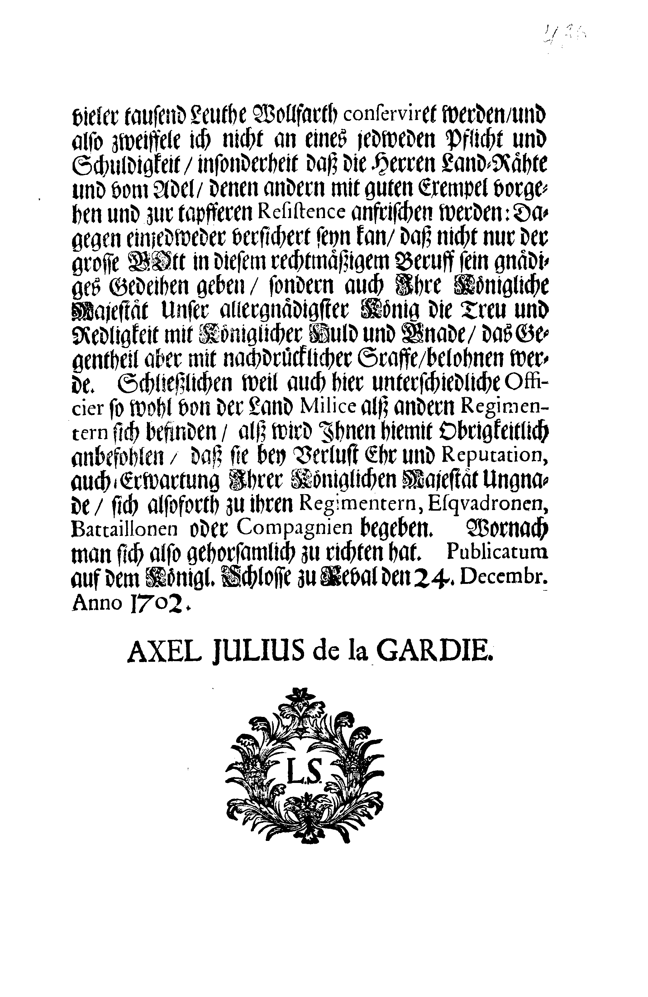 [Axel Julius De la Gardie korraldus]