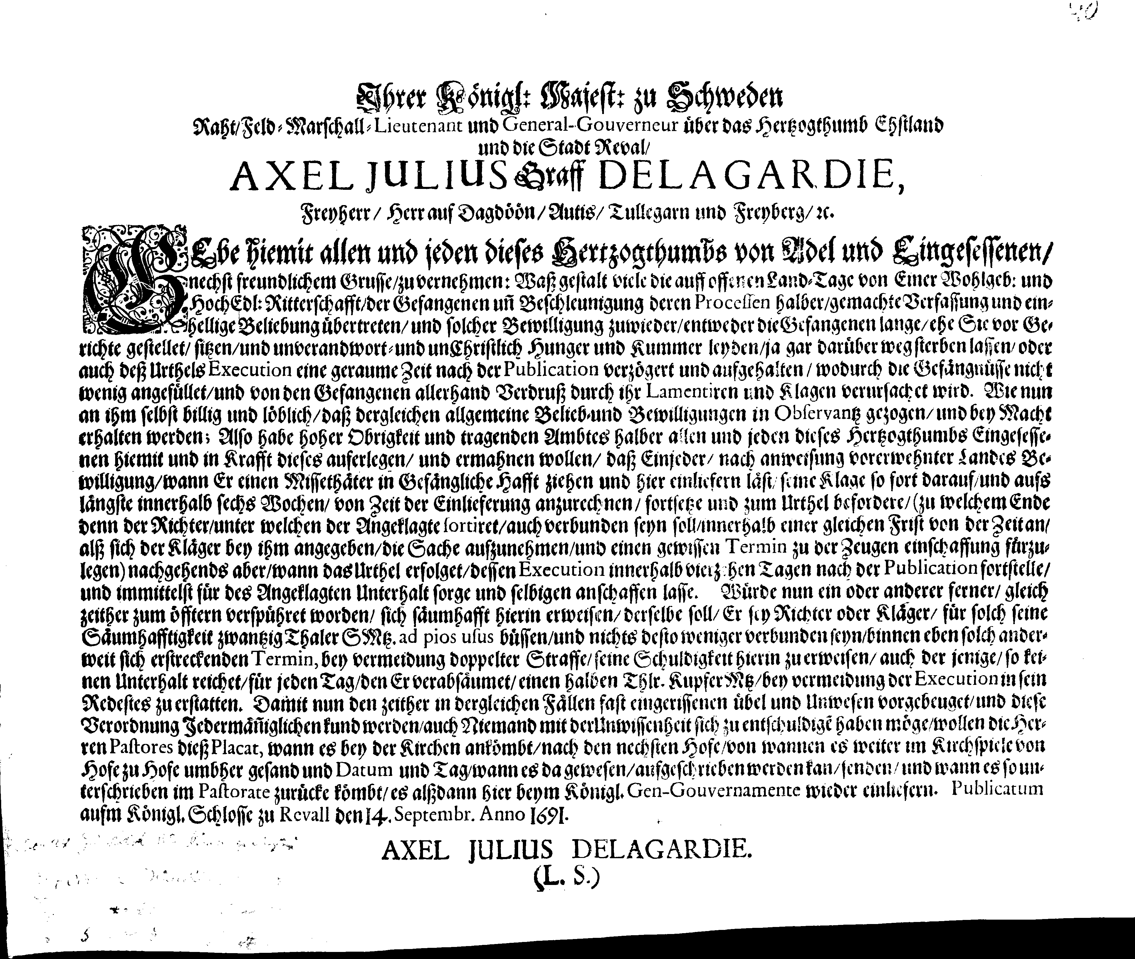 [Axel Julius De la Gardie korraldus]