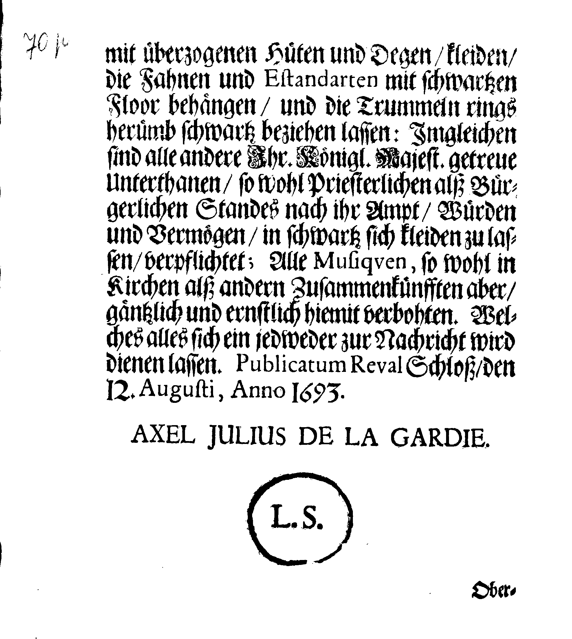 [Axel Julius De la Gardie korraldus]