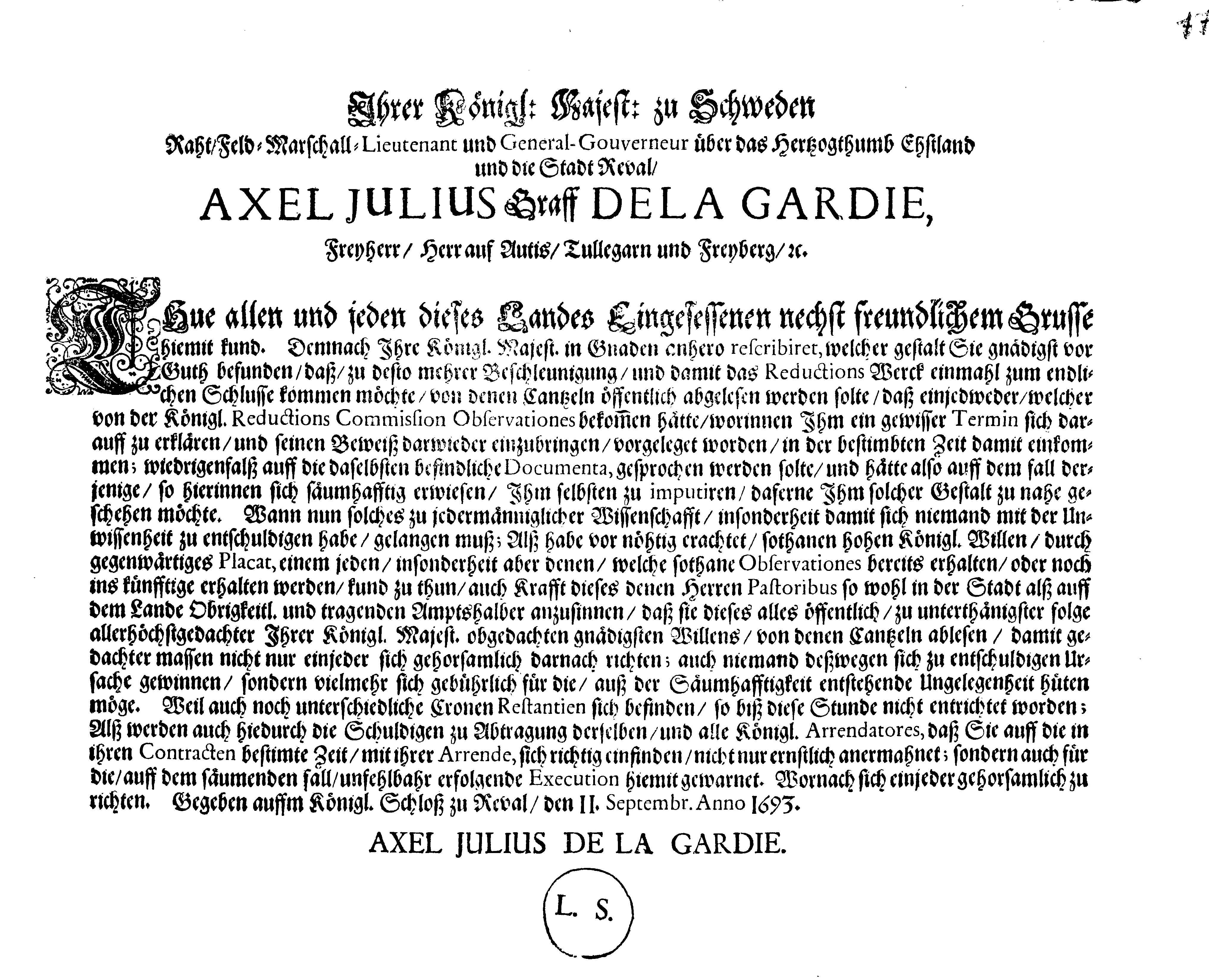 [Axel Julius De la Gardie korraldus]