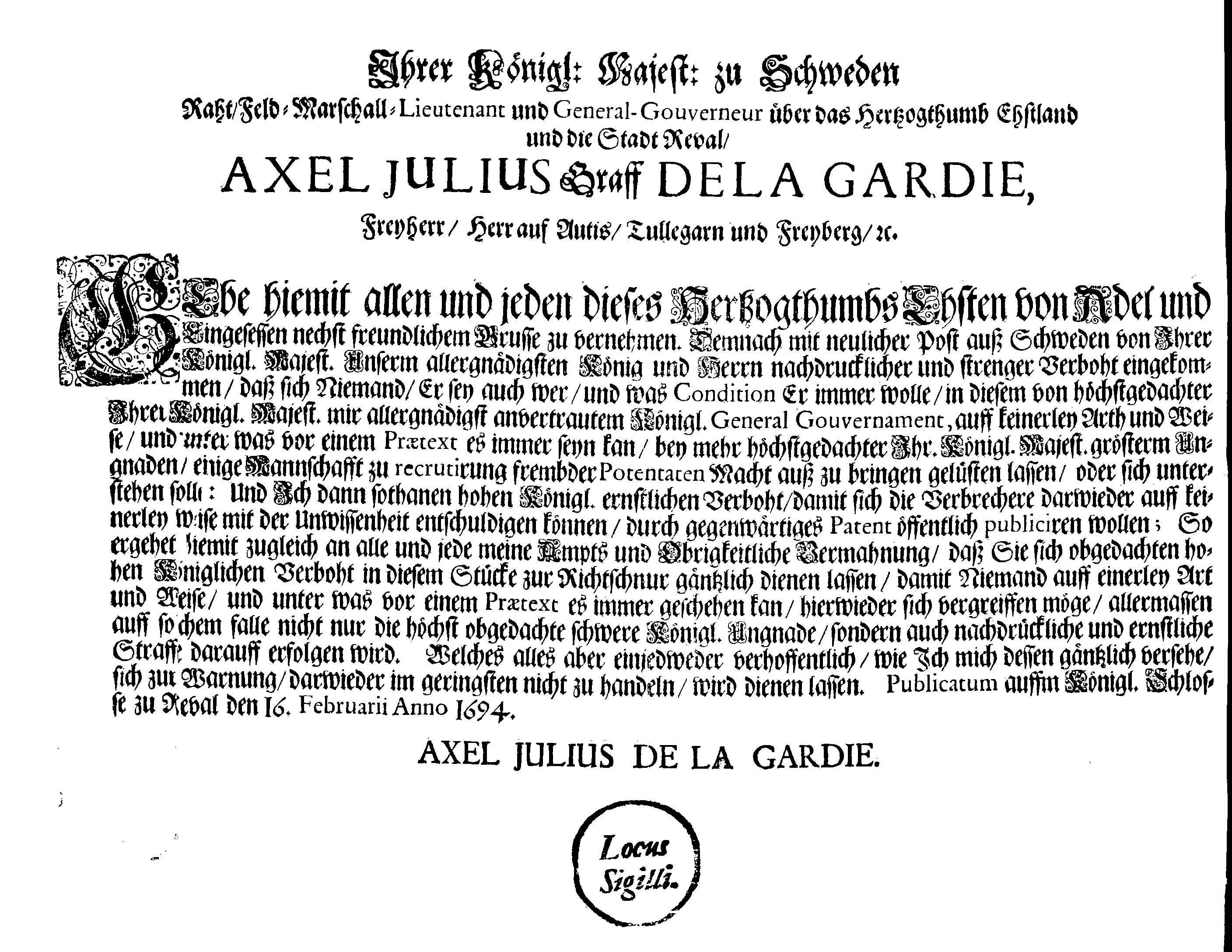 [Axel Julius De la Gardie korraldus]