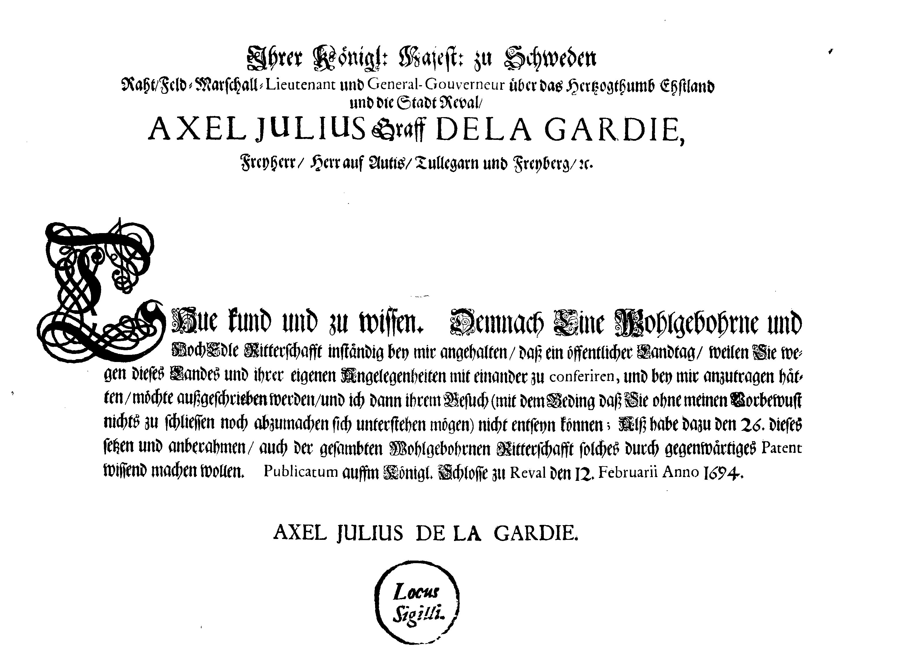 [Axel Julius De la Gardie korraldus]