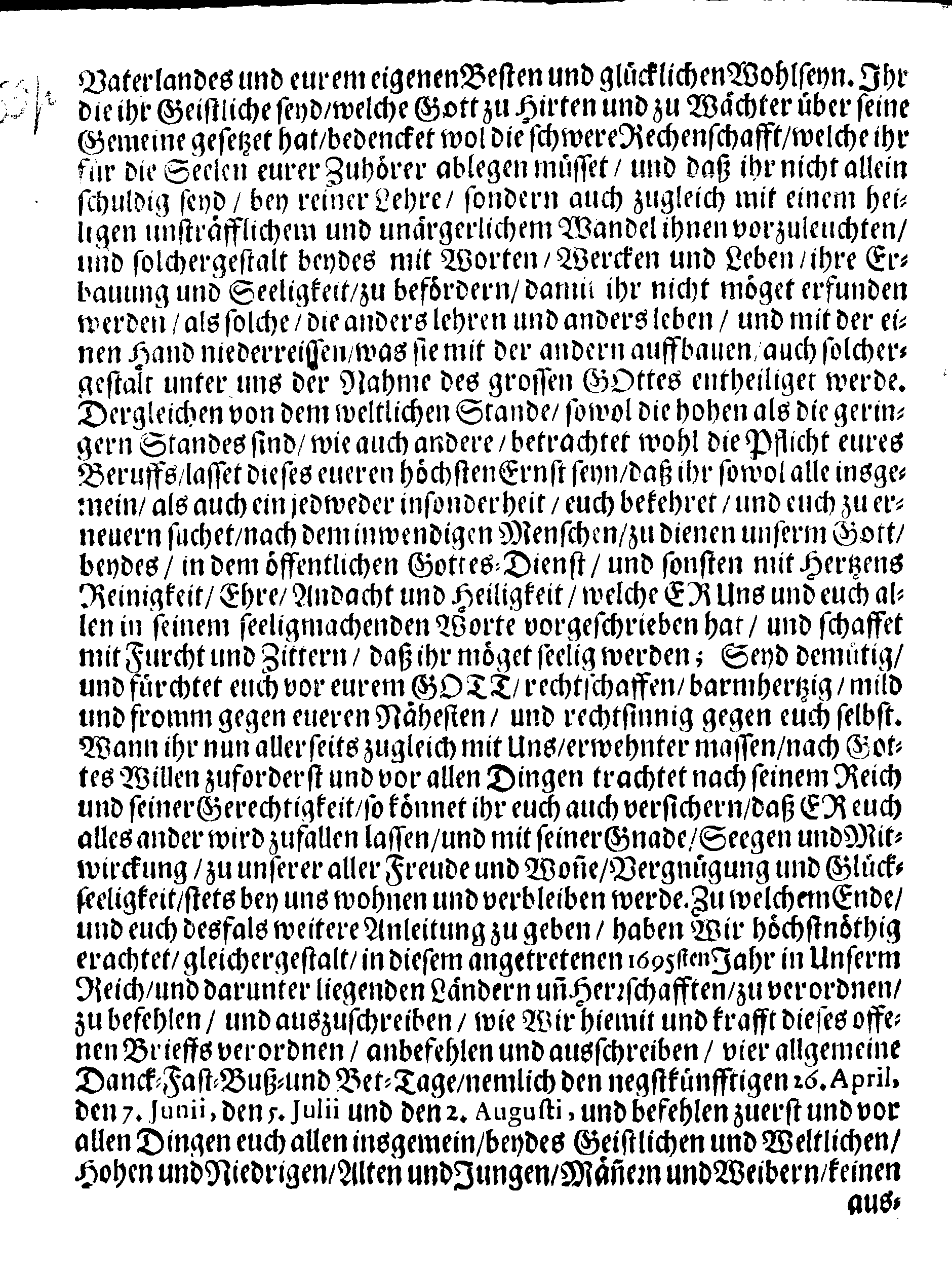 Ihrer Königl. Majest. PLACAT, Wegen Vier allgemeiner, solenner Danck-Fast-Buß- und Bet-Tage, Welche Über gantz Schweden, und dessen unterliegenden Provincien, imgleichen dem Groß-Fürstenthumb Finland samt Ehst-Lief- und Ingermanland, In gegenwärtigem 1695sten Jahre gehalten und gefeyret werden sollen