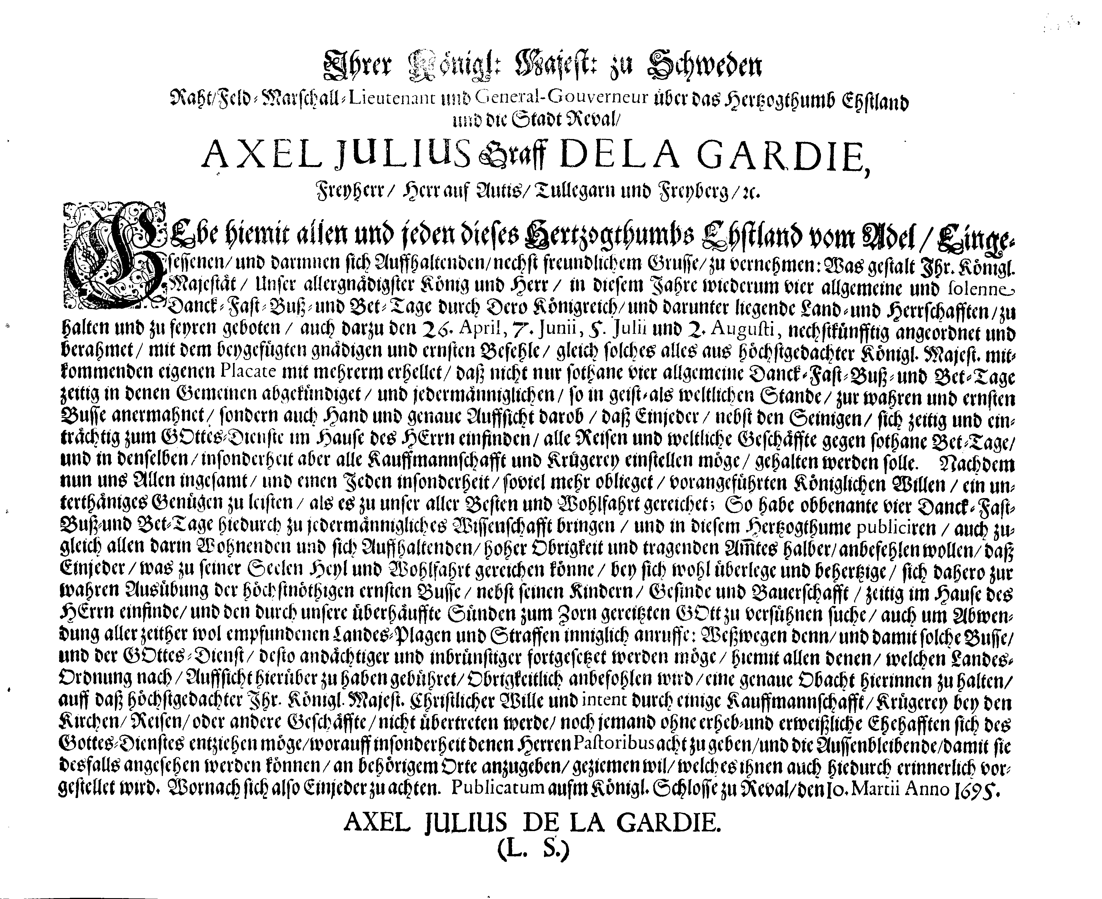 [Axel Julius De la Gardie korraldus]