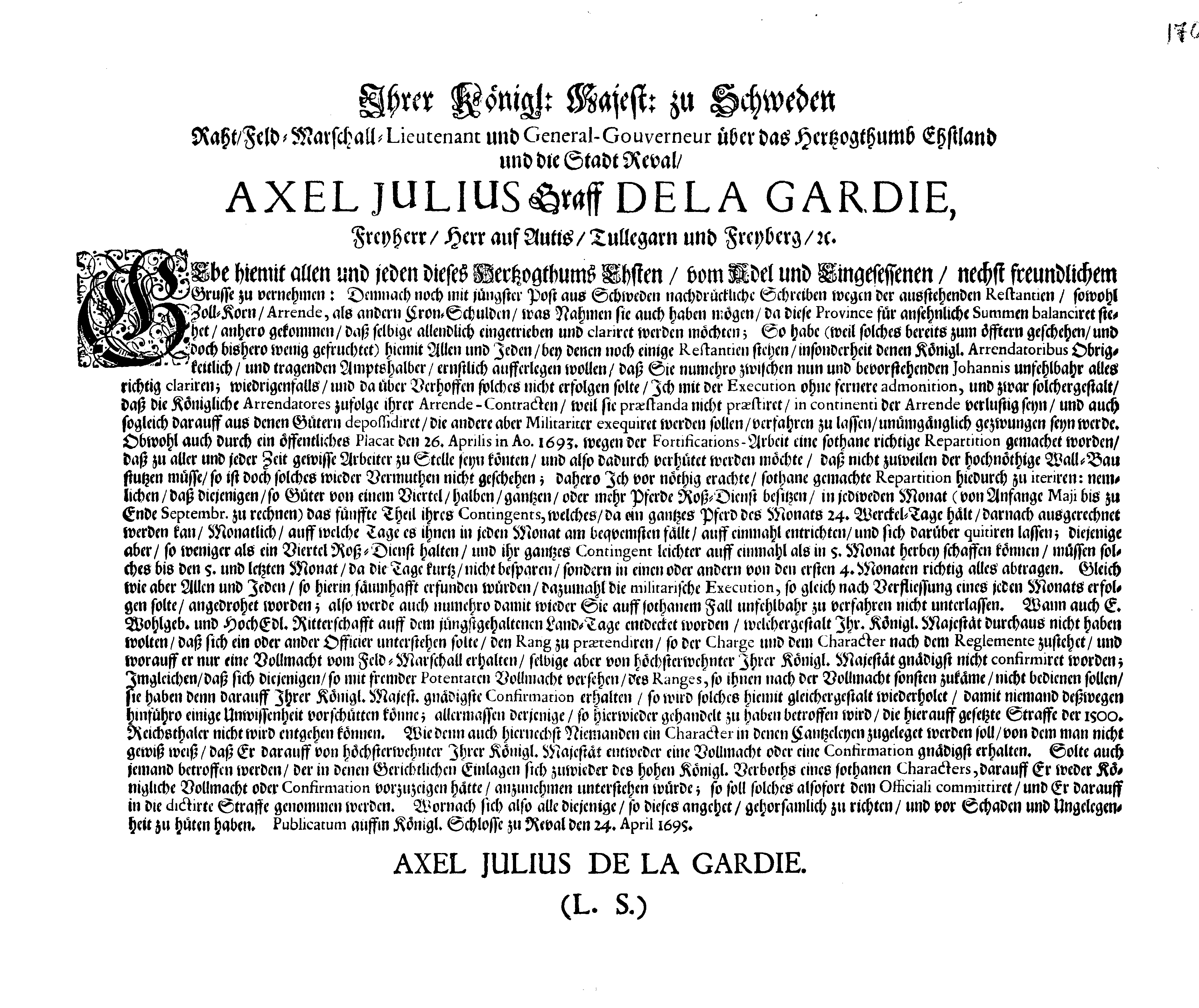 [Axel Julius De la Gardie korraldus]