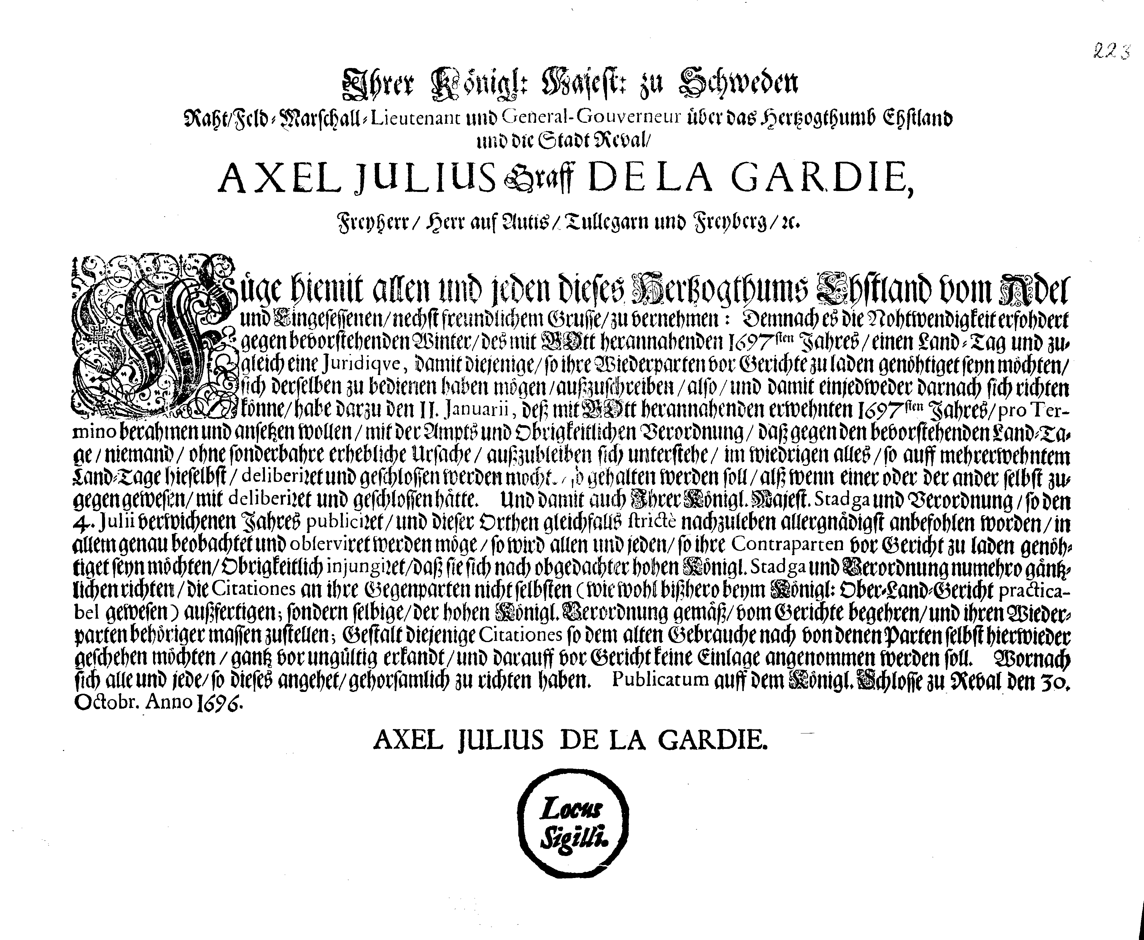 [Axel Julius De la Gardie korraldus]