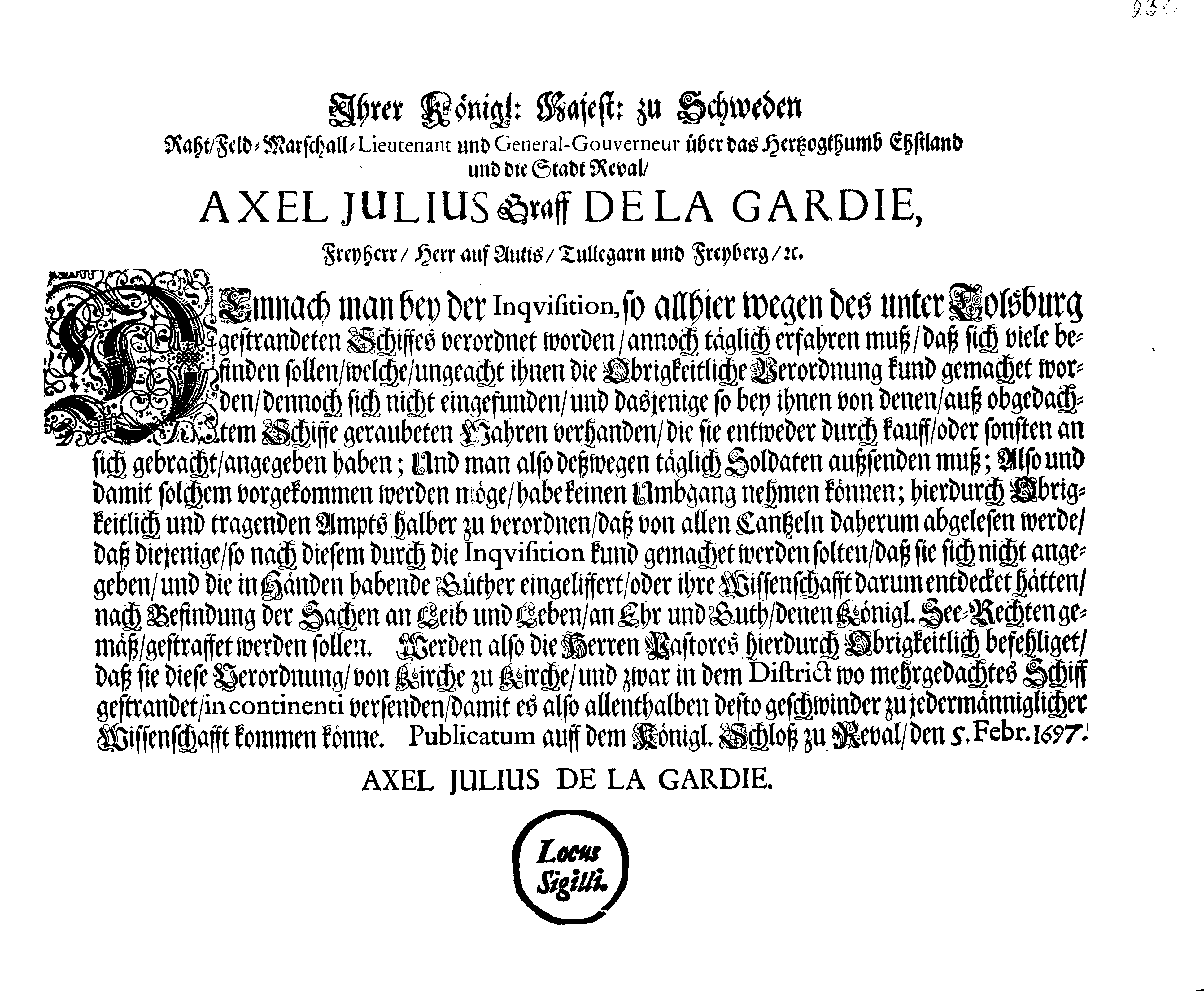 [Axel Julius De la Gardie korraldus]