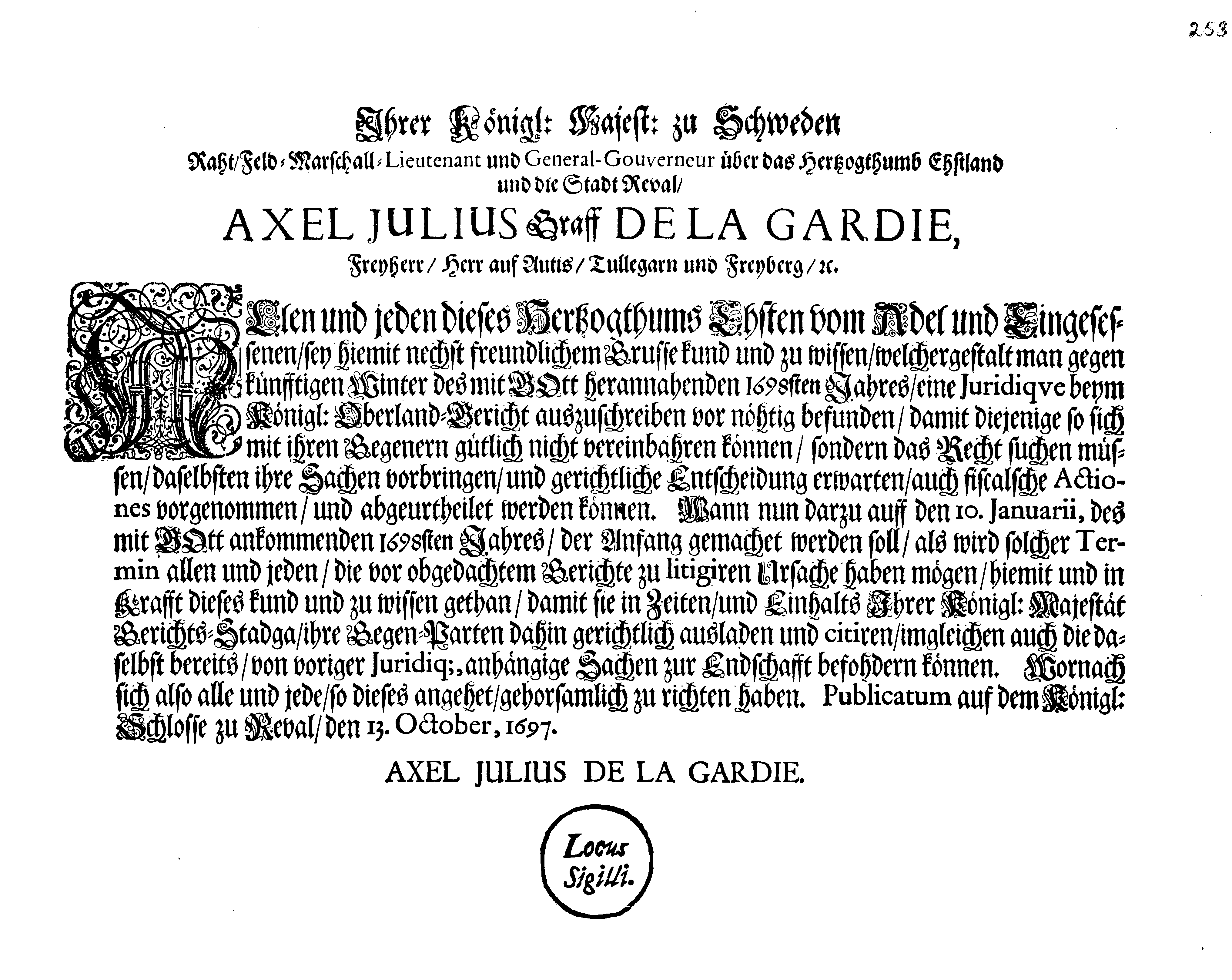 [Axel Julius De la Gardie korraldus]