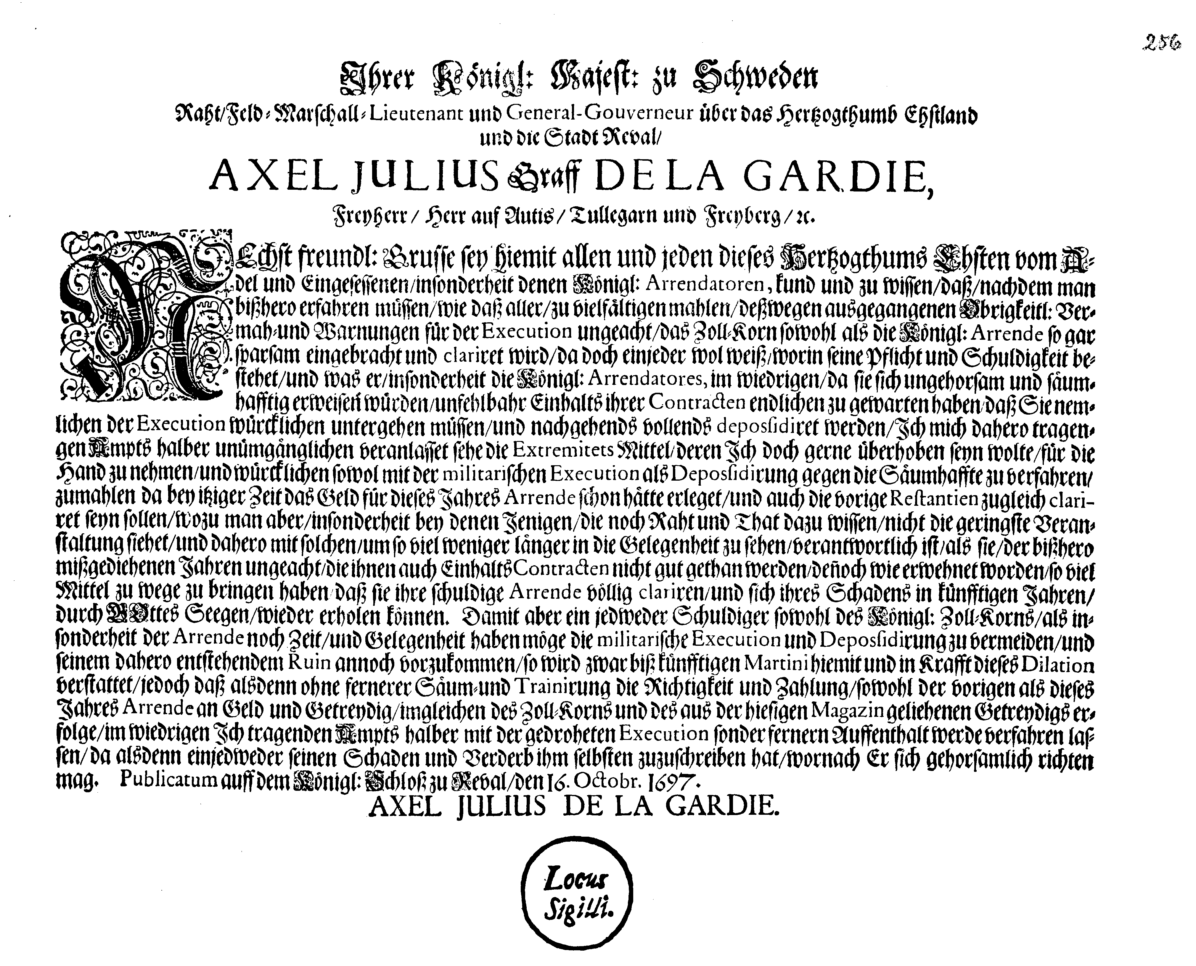 [Axel Julius De la Gardie korraldus]