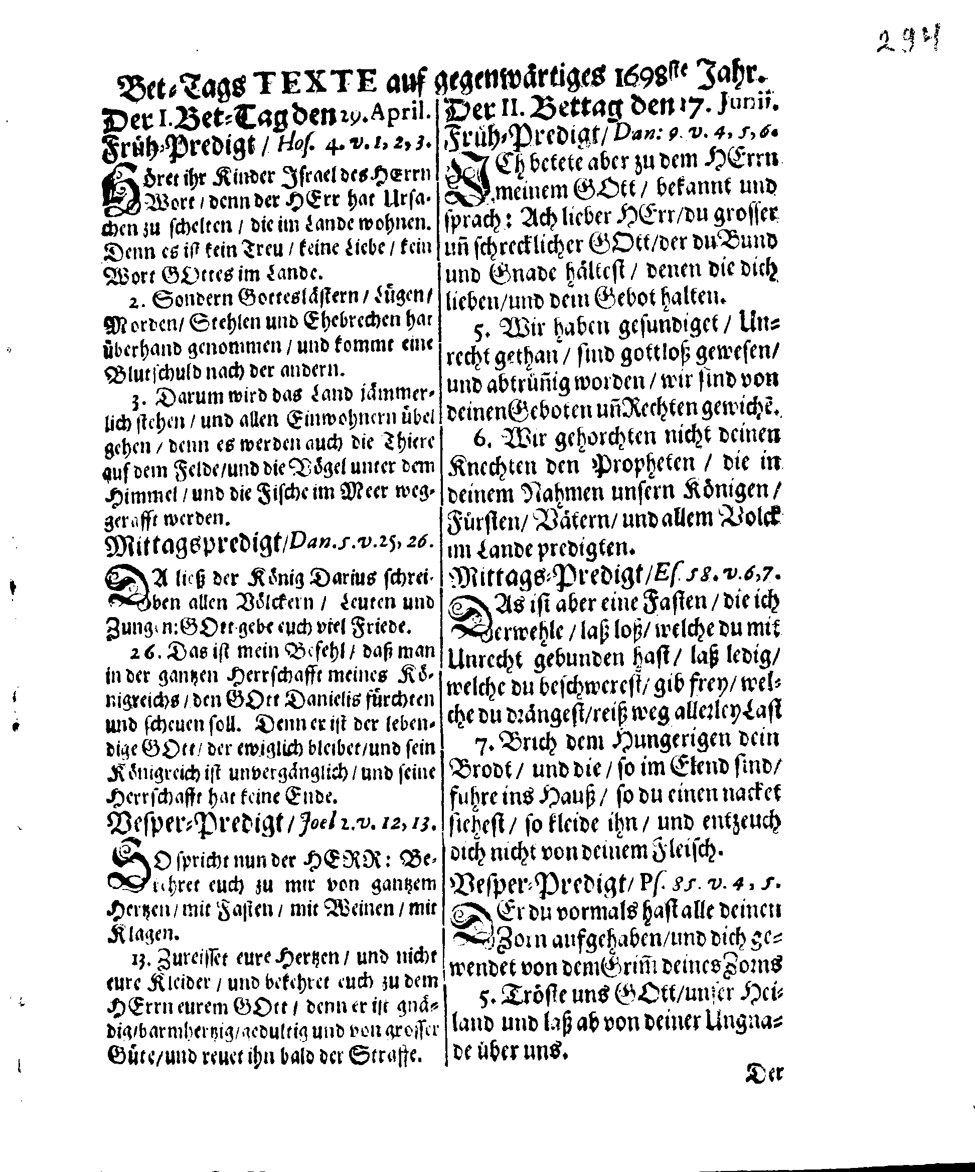 Ir. Königl. Majest. PLACAT, Wegen Vier allgemeiner Solenner, Danck-Fast-Buß- und Bet-Tage, welche über das gantze Schwedische Reich, Groß-Fürstenthum Finnland, und in allen der Cron-Schweden zugehörigen und unter selbiger liegenden Fürstenthümern, Ländern und Herrschaften, feyerlich sollen begangen und gehalten werden im Jahr 1698