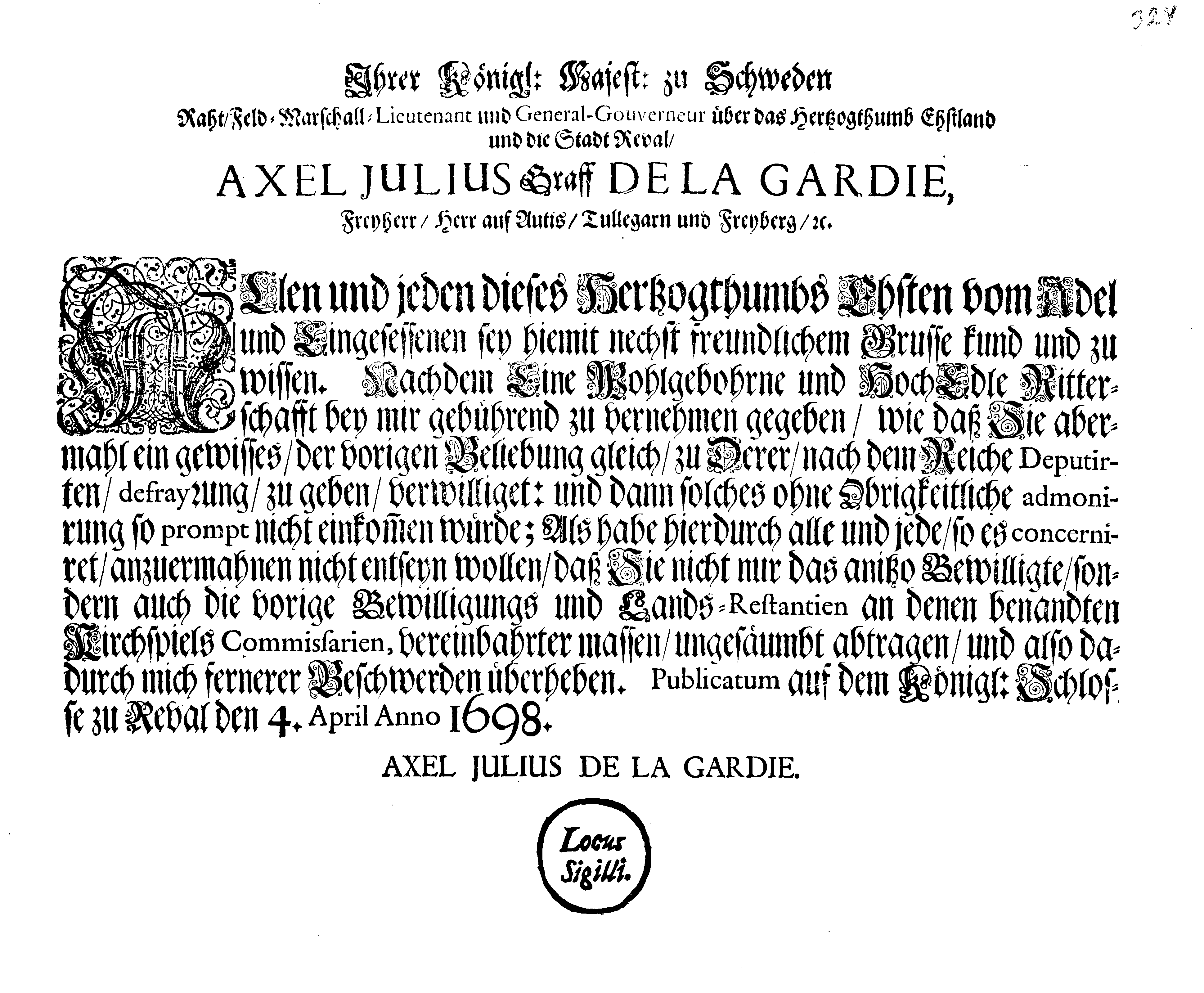 [Axel Julius De la Gardie korraldus]