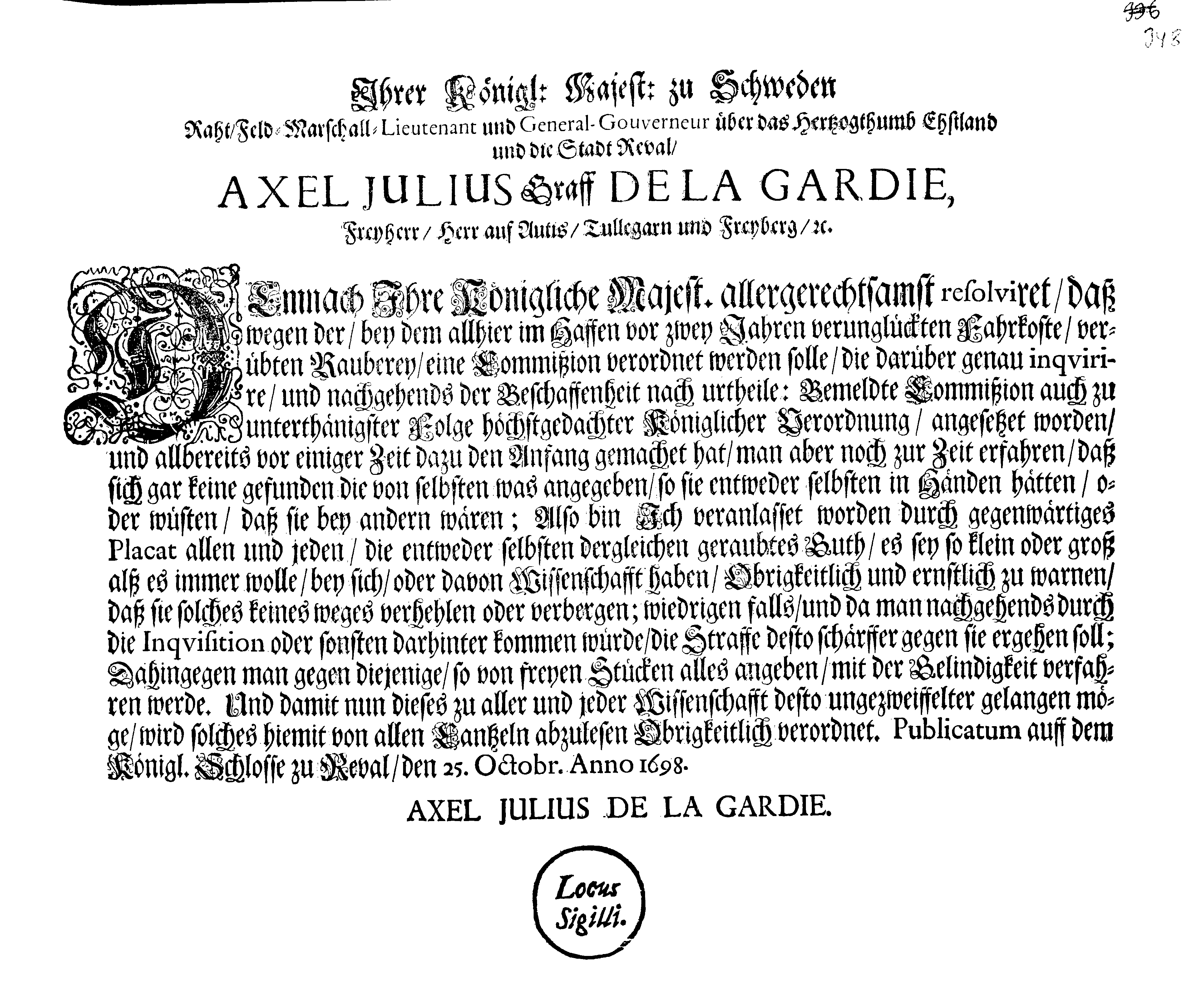 [Axel Julius De la Gardie korraldus]