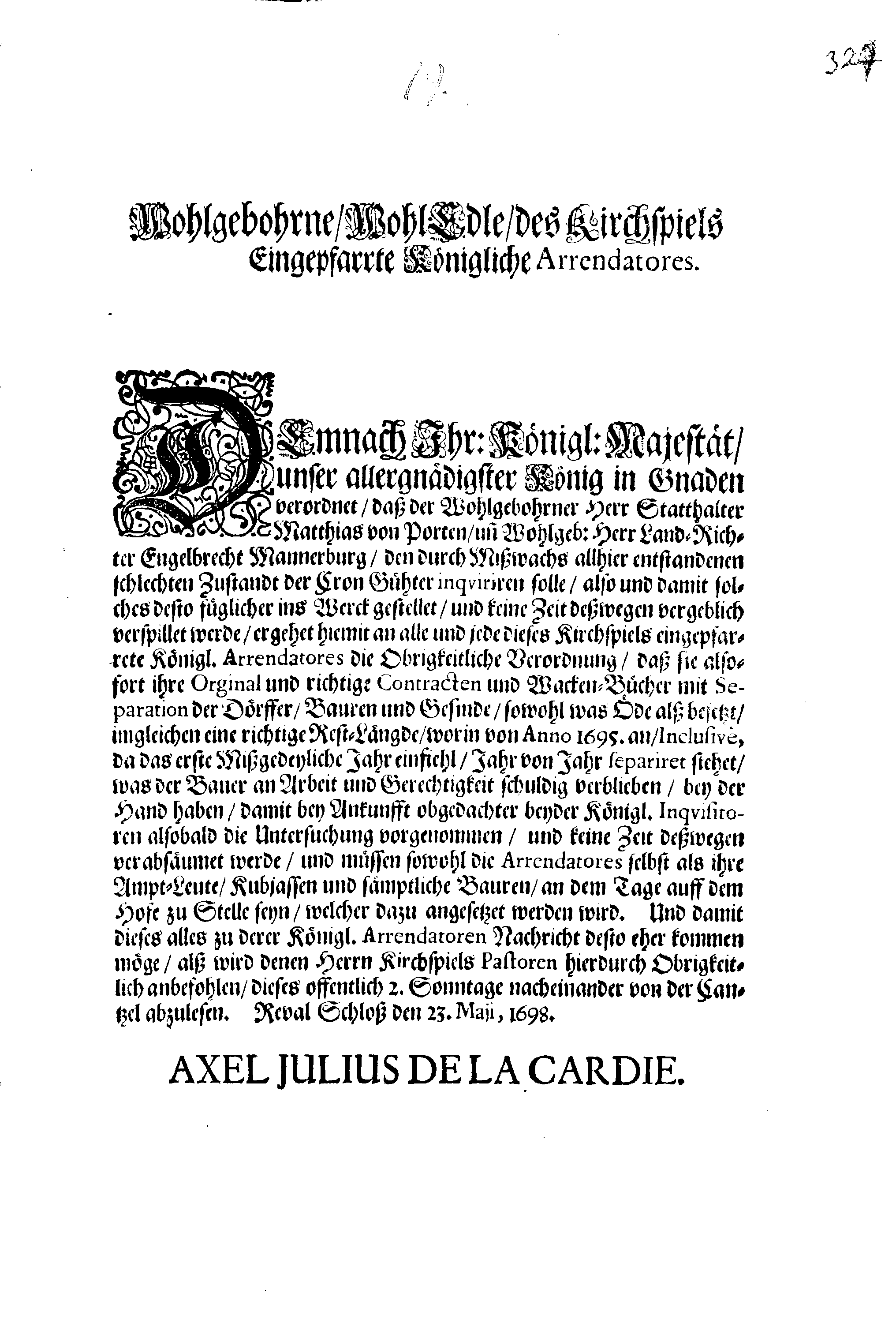 [Axel Julius De la Gardie korraldus]