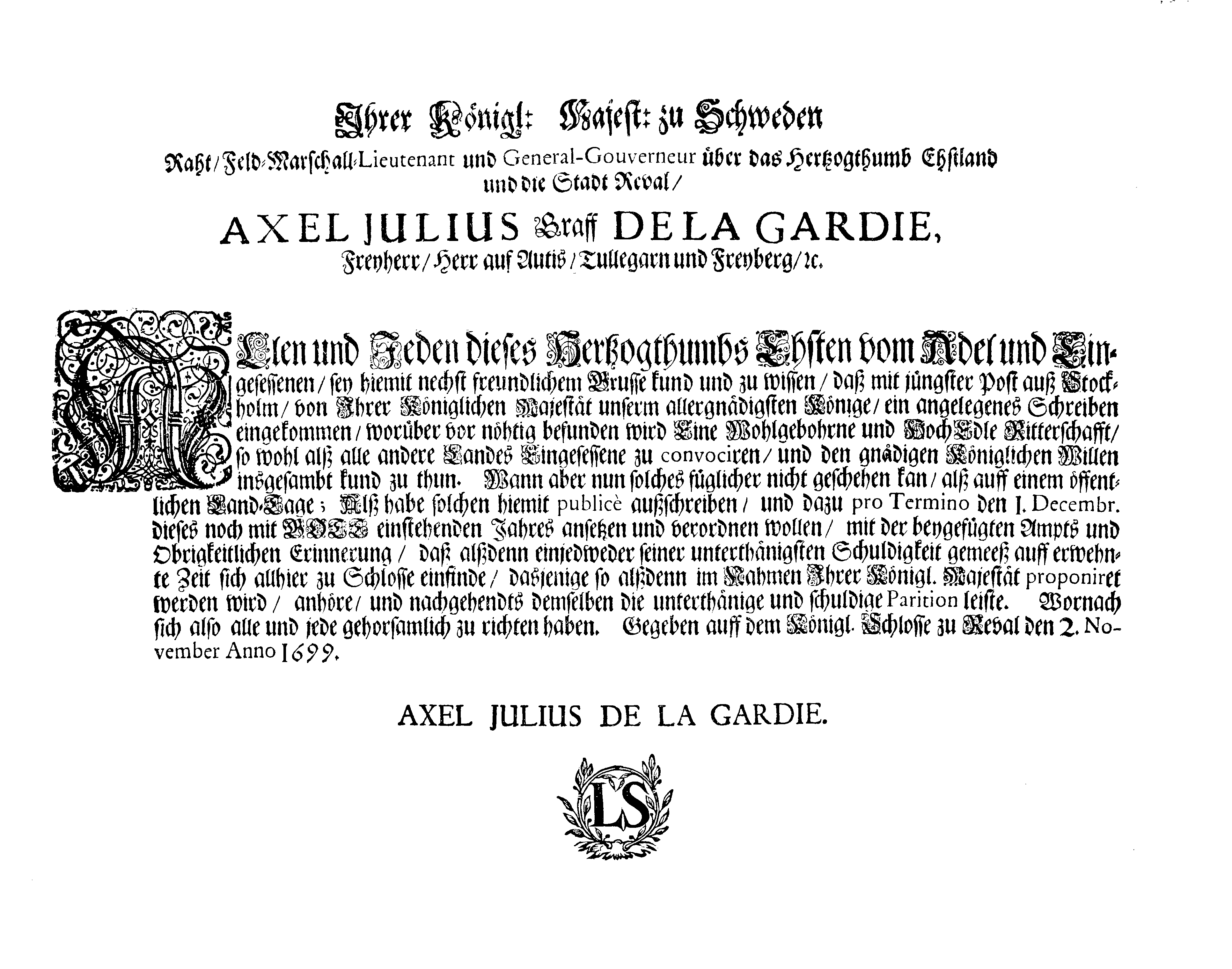 [Axel Julius De la Gardie korraldus]