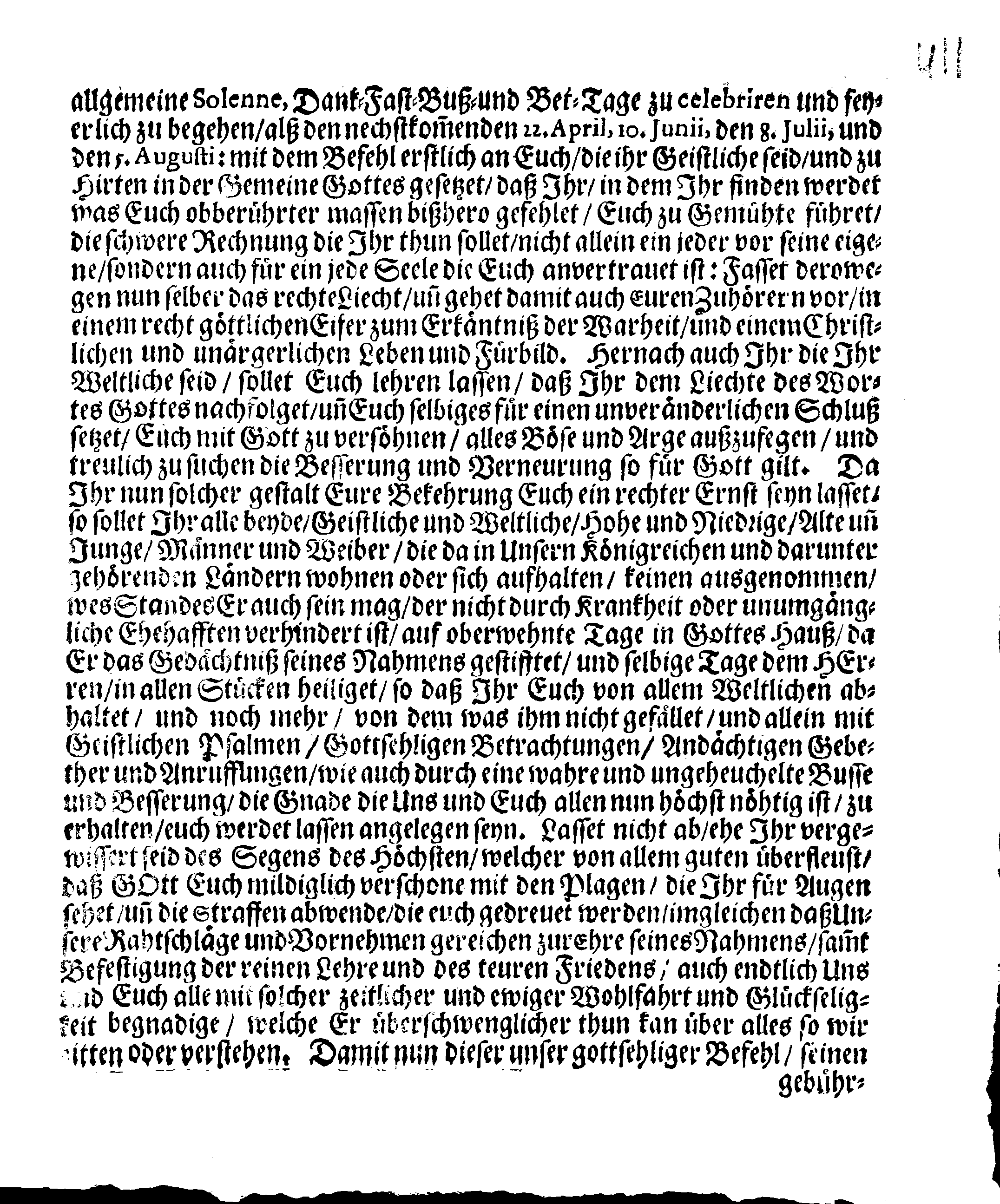 Ihrer Königl. Majest. PLACAT, Wegen Der vier allgemeinen Solennen, Danck-Fast-Buß- und Bet-Tagen, so im gegenwärtigen Jahr 1692 durch das gantze Reich Schweden, und in darunter liegende Provincien, wie auch das Groß-Fürstenthum Finland, sampt Ehst, Lieff- und Ingermanland sollen gehalten und gefeyret werden