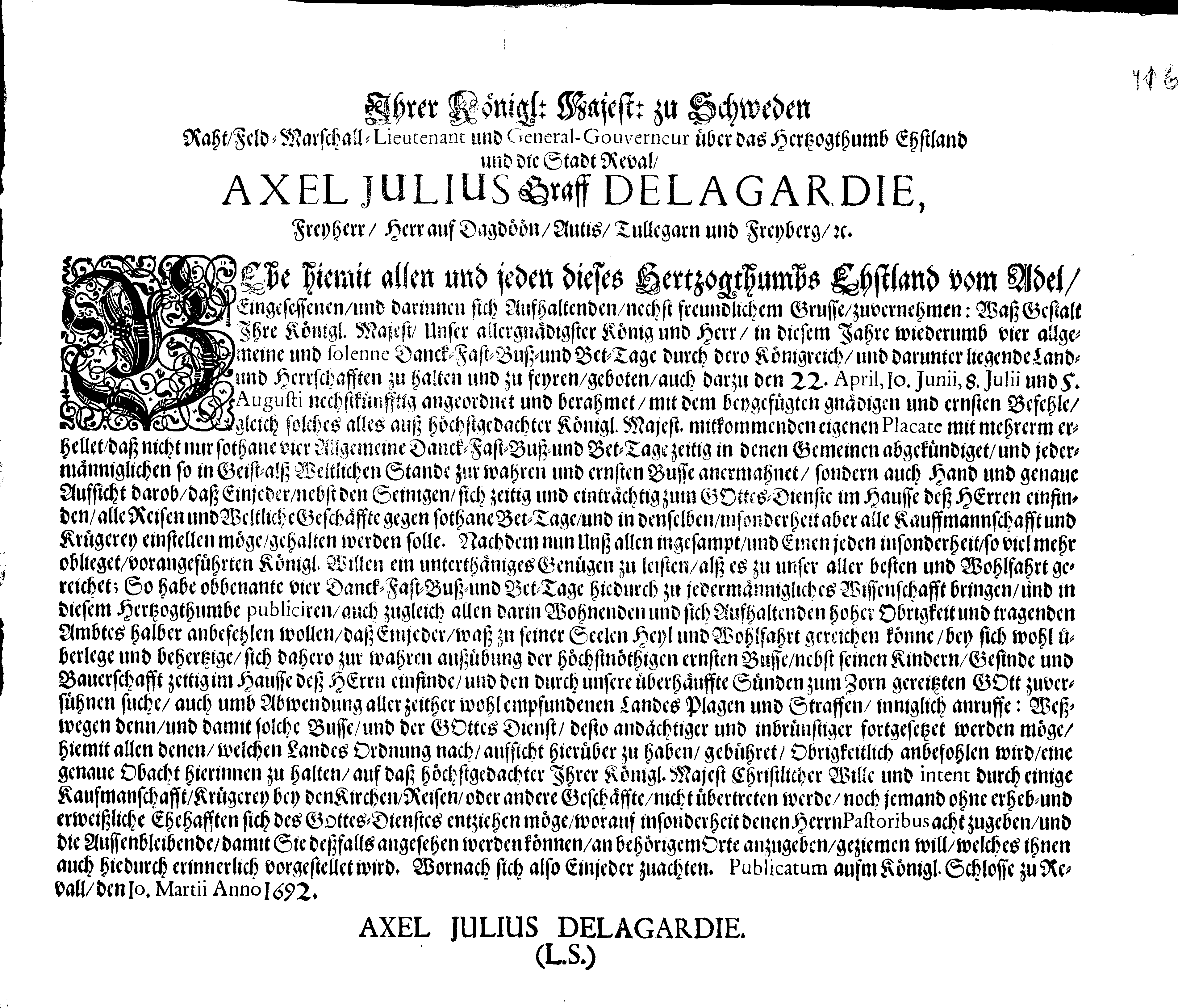 [Axel Julius De la Gardie korraldus]