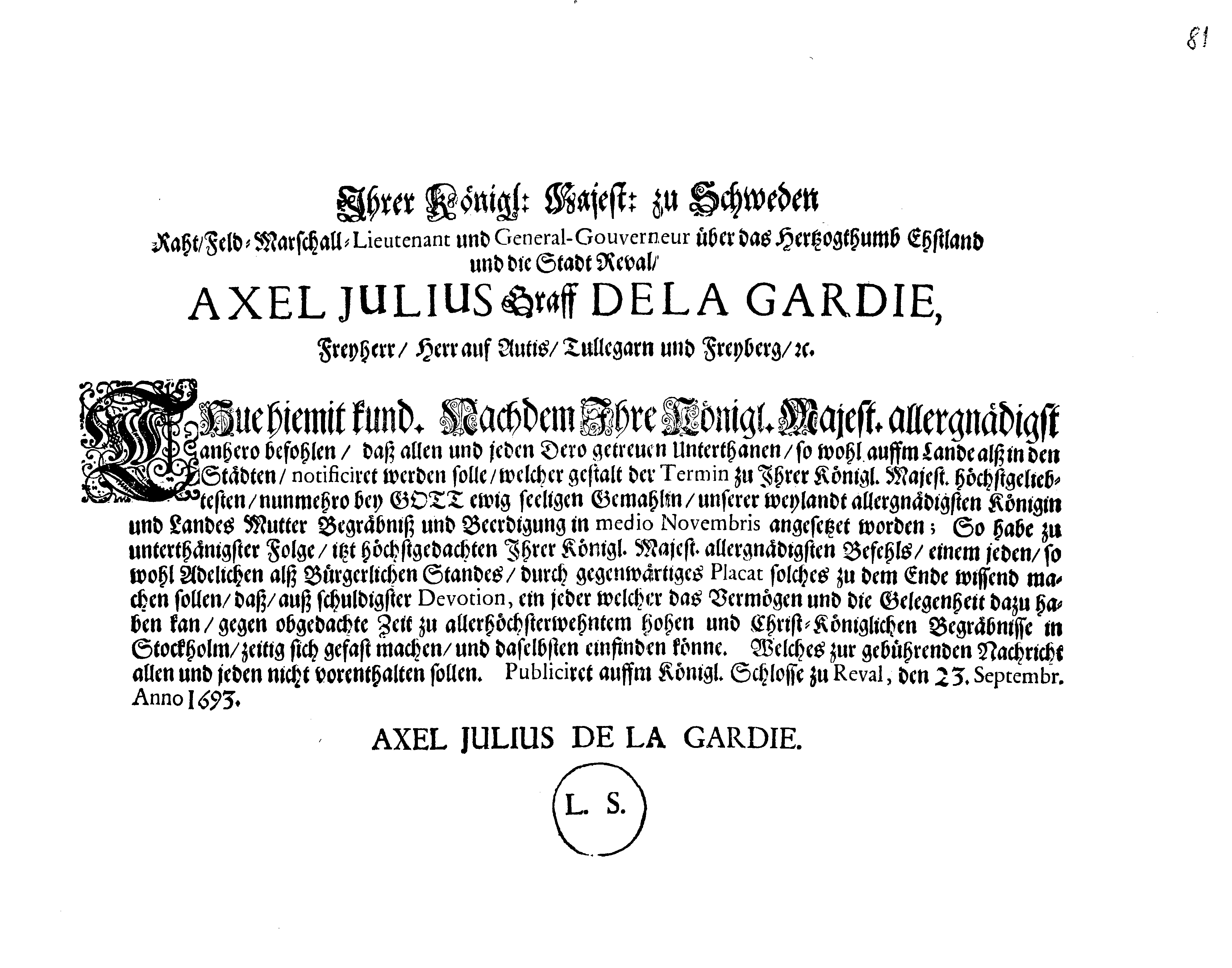 [Axel Julius De la Gardie korraldus]