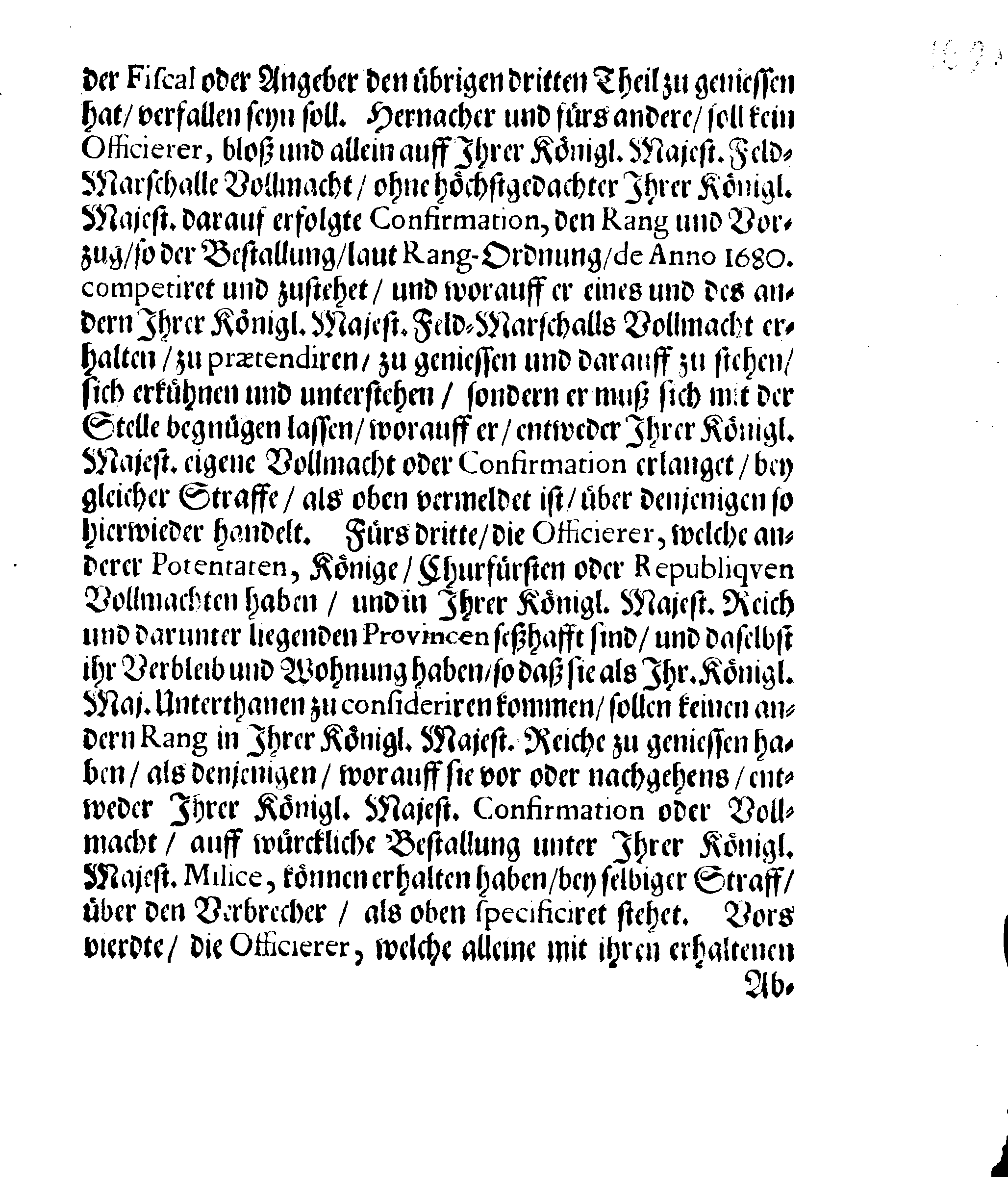 Ihr: Königl: Majest: Fernere gnädige Verordnung, Betreffend Der Officierer RANG