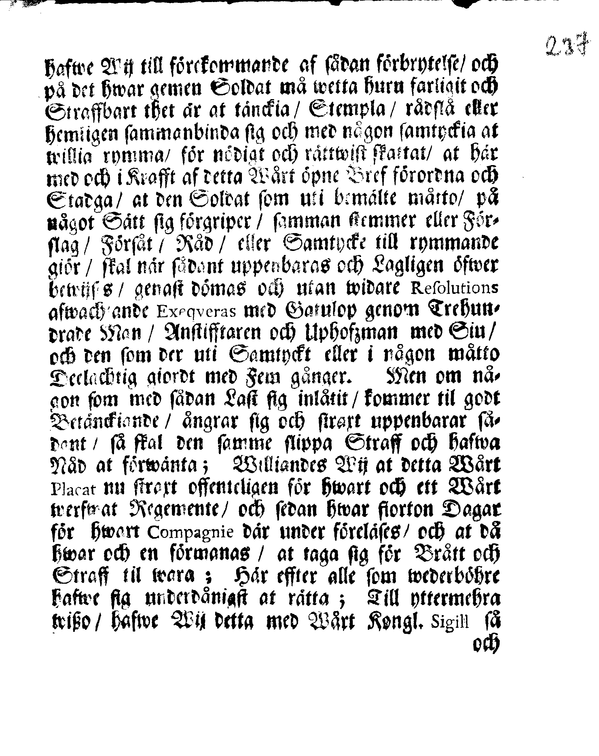 Kongl. May:tz PLACAT och Förbud, Angående Knechternes rymmande ifrån de wärfade Regimenter och de bråtzliges Straff