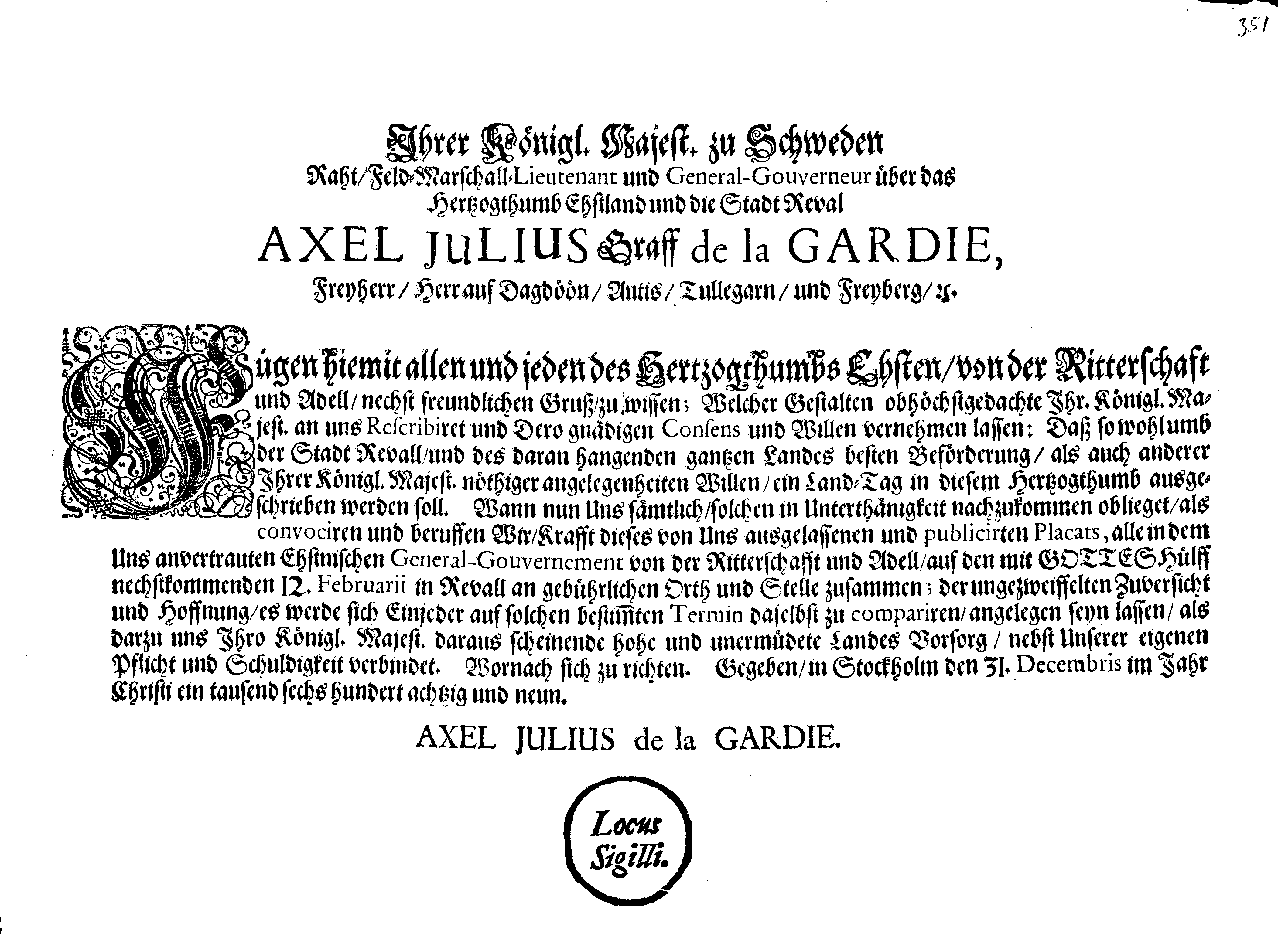 [Axel Julius De la Gardie korraldus]