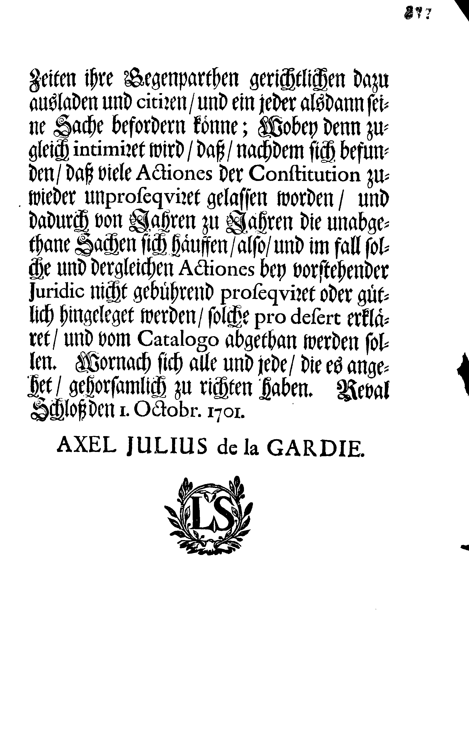 [Axel Julius De la Gardie korraldus]