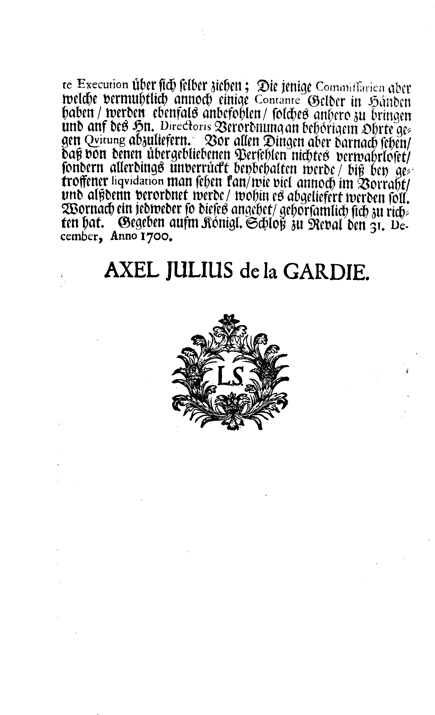 [Axel Julius De la Gardie korraldus]