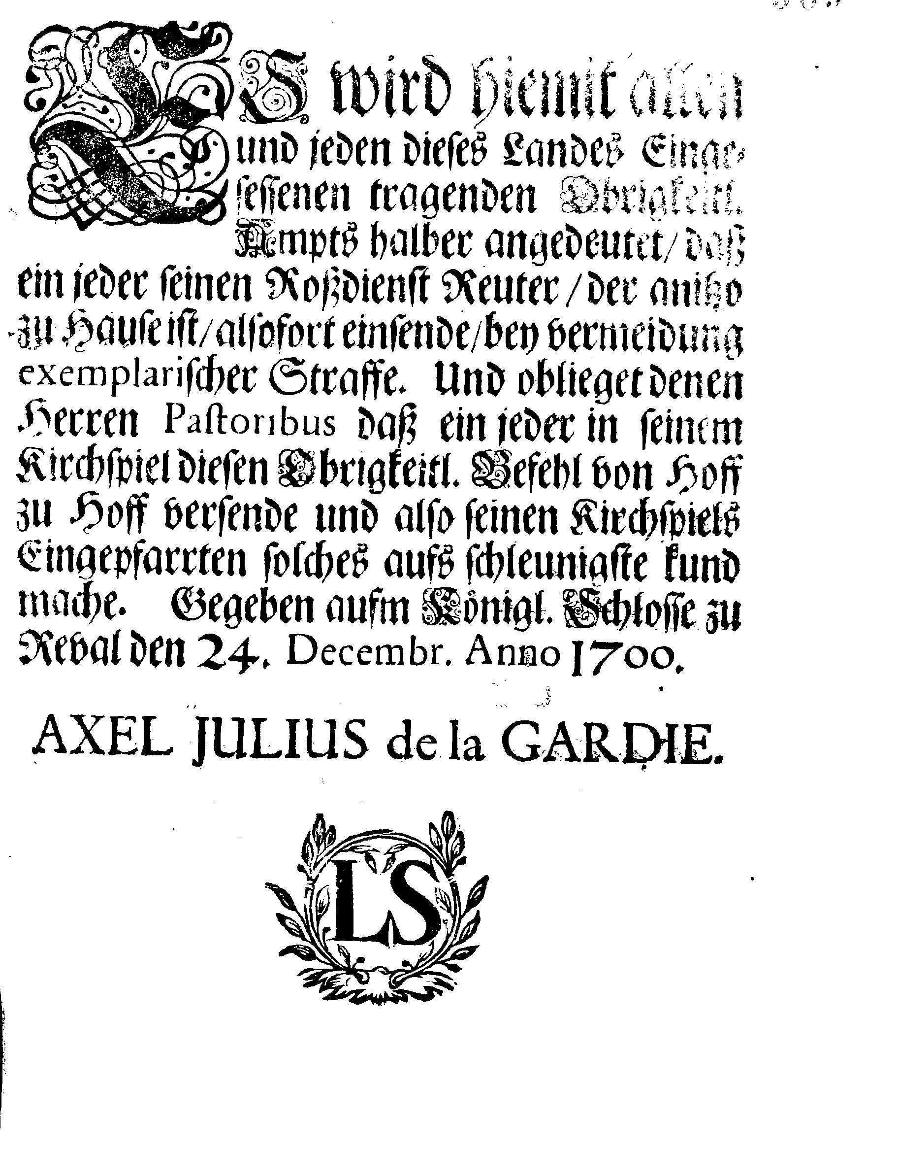 [Axel Julius De la Gardie korraldus]