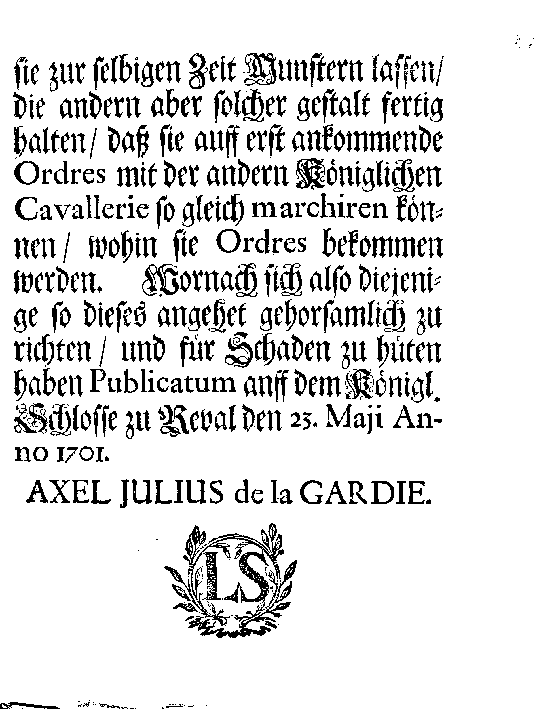 [Axel Julius De la Gardie korraldus]