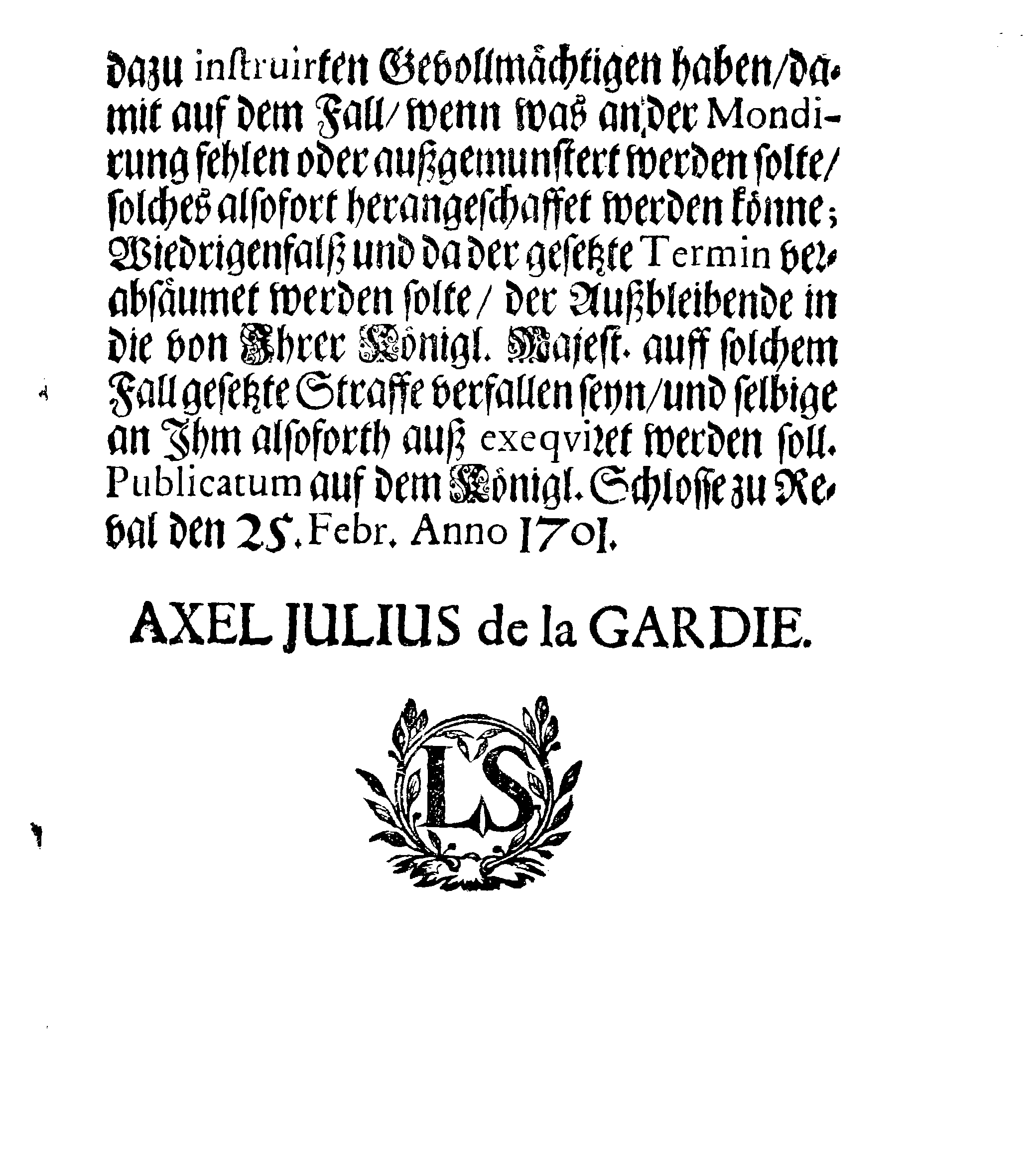 [Axel Julius De la Gardie korraldus]