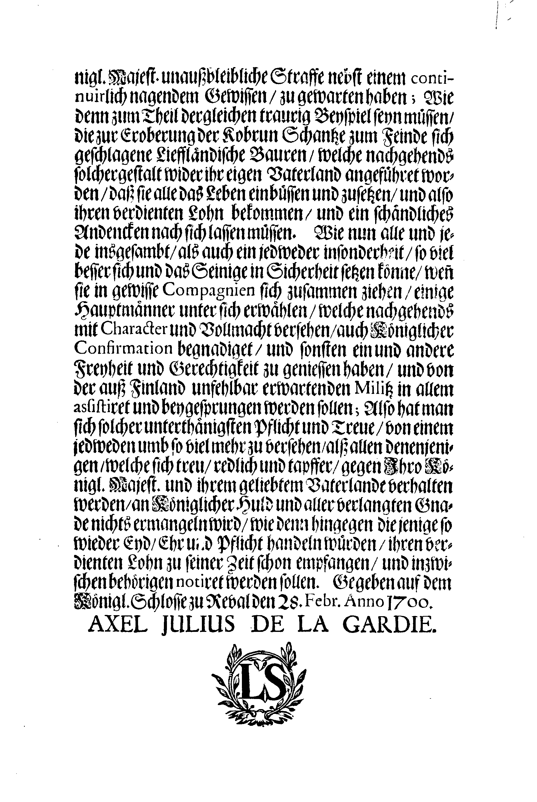 [Axel Julius De la Gardie korraldus]